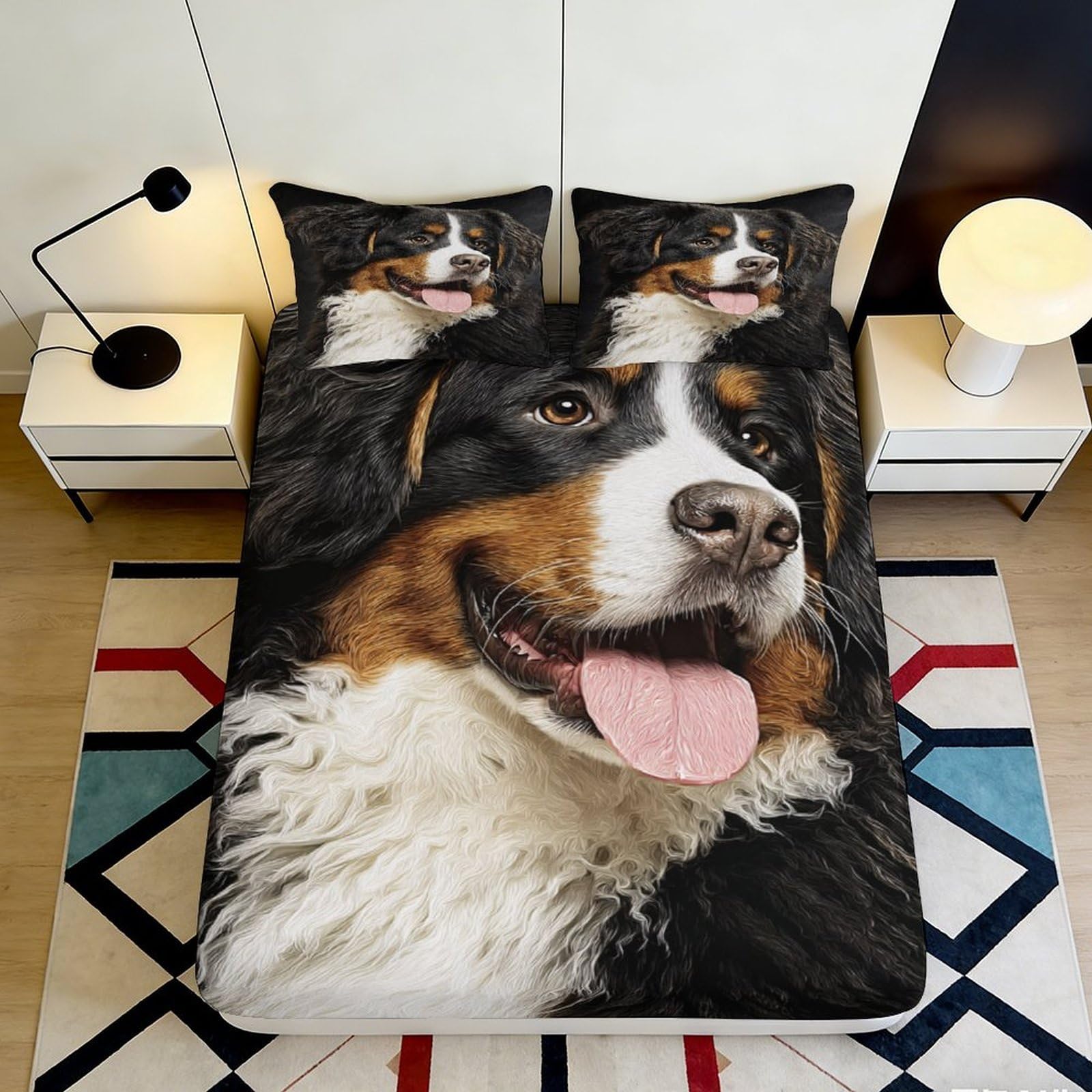 3D Printed Bernese Mountain Dog Fitted Sheet Microfiber Soft Breathable Dog Face Bed Sheet for Bedroom Guest Room Decor 90x200x25cm