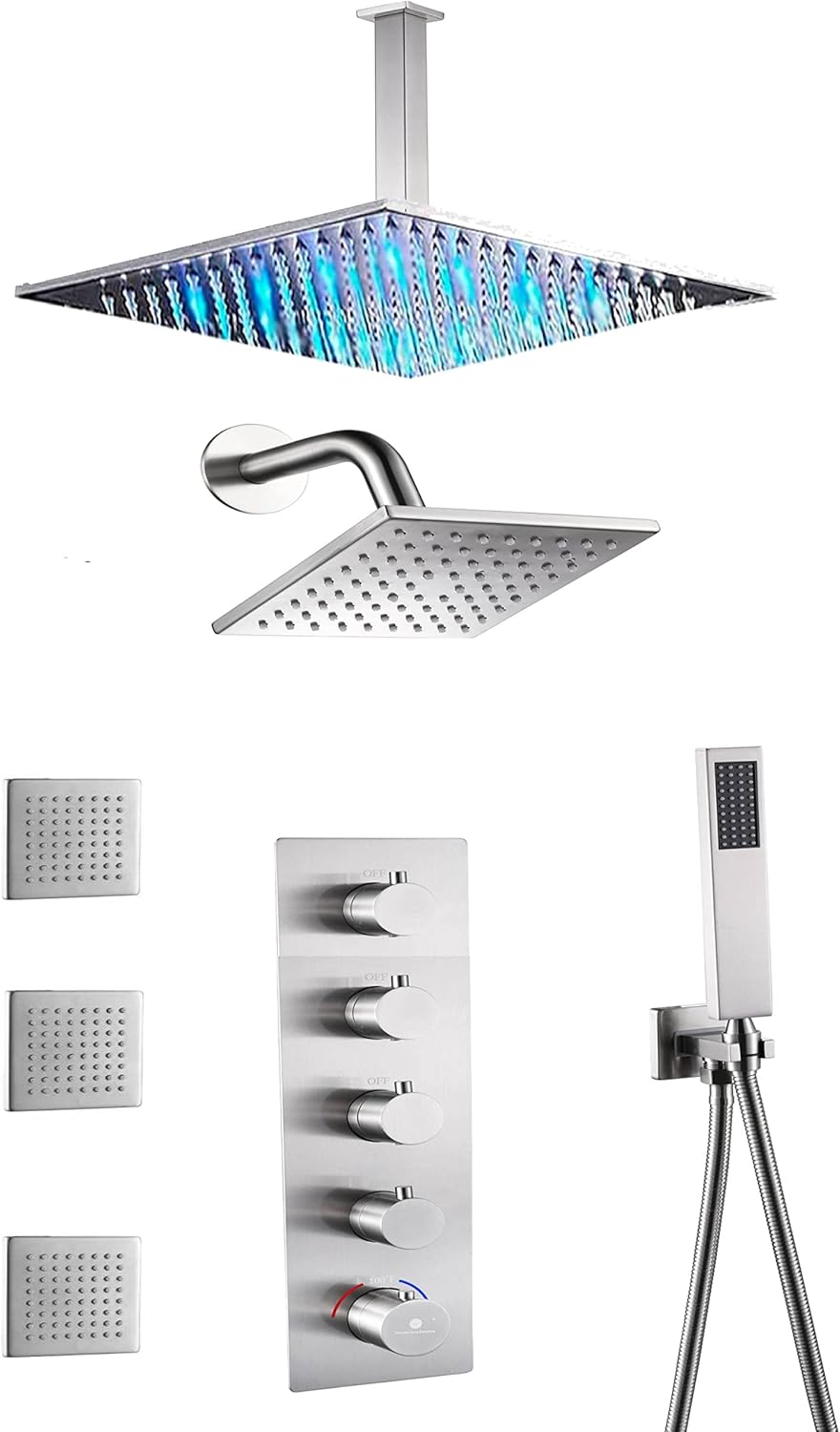 Chrome 4 Function Thermostatic Faucet Set with Ceiling 12" Rain Shower Head, High Pressure 6", Body Jets and Handheld Spray
