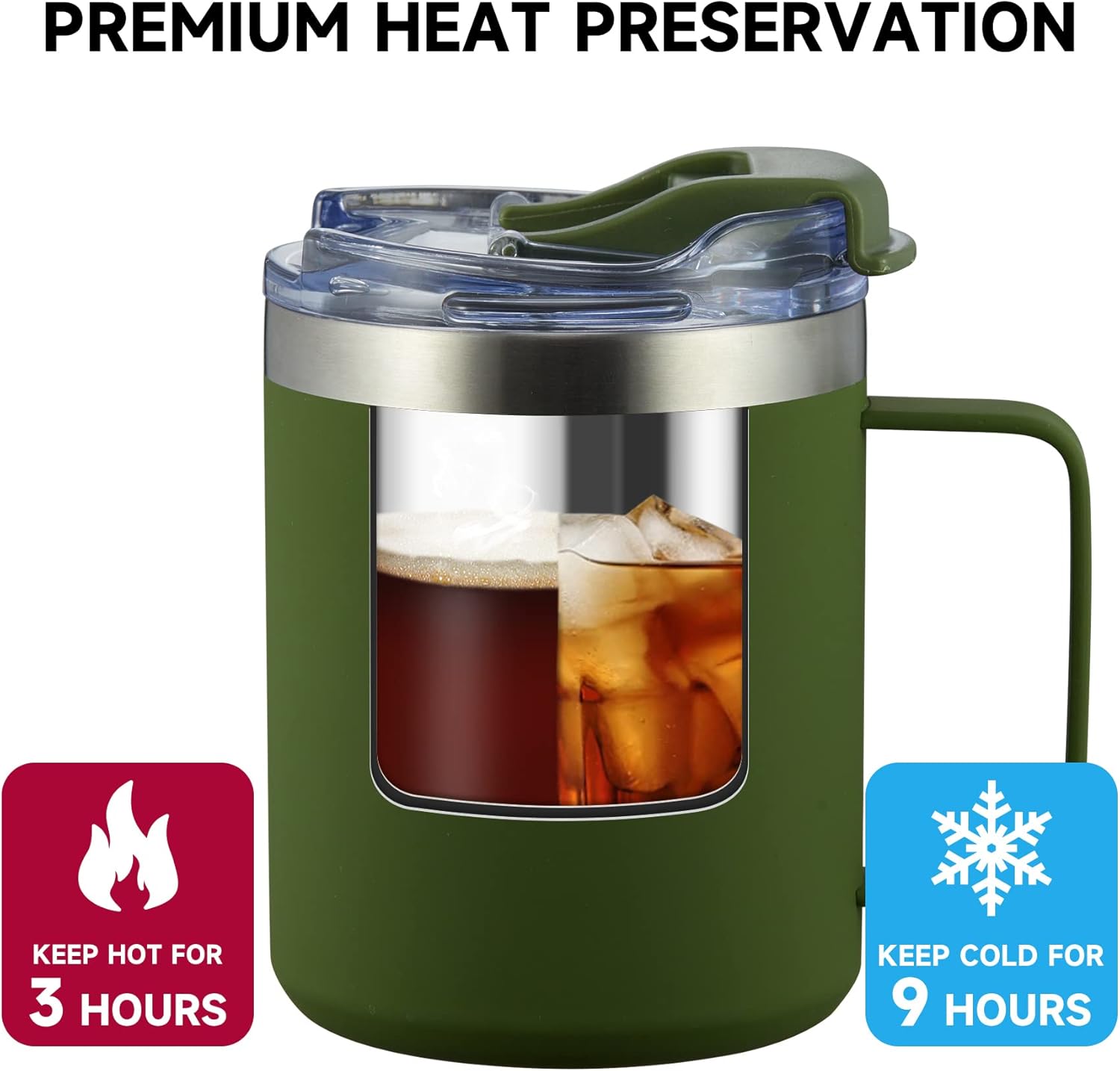 ALOUFEA 12oz Insulated Coffee Mug Cup with Handle, Stainless Steel Travel Coffee Mug with Flip Lid, Double Wall Vacuum Coffee Tumbler, ArmyGreen - Image 3