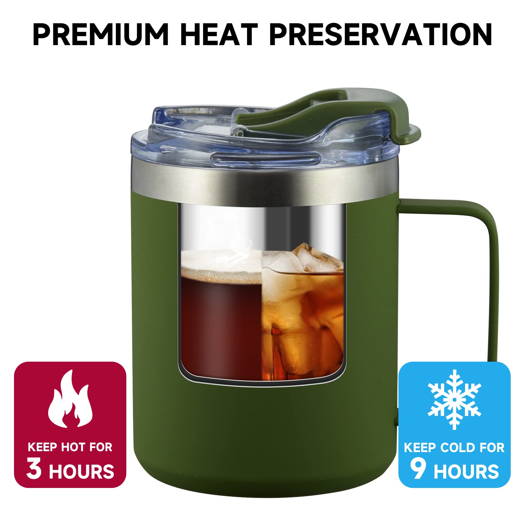 Taza de café aislada de 12 onzas con asa, taza de café de viaje de acero inoxidable con tapa abatible, vaso de café al vacío de doble pared, verde militar