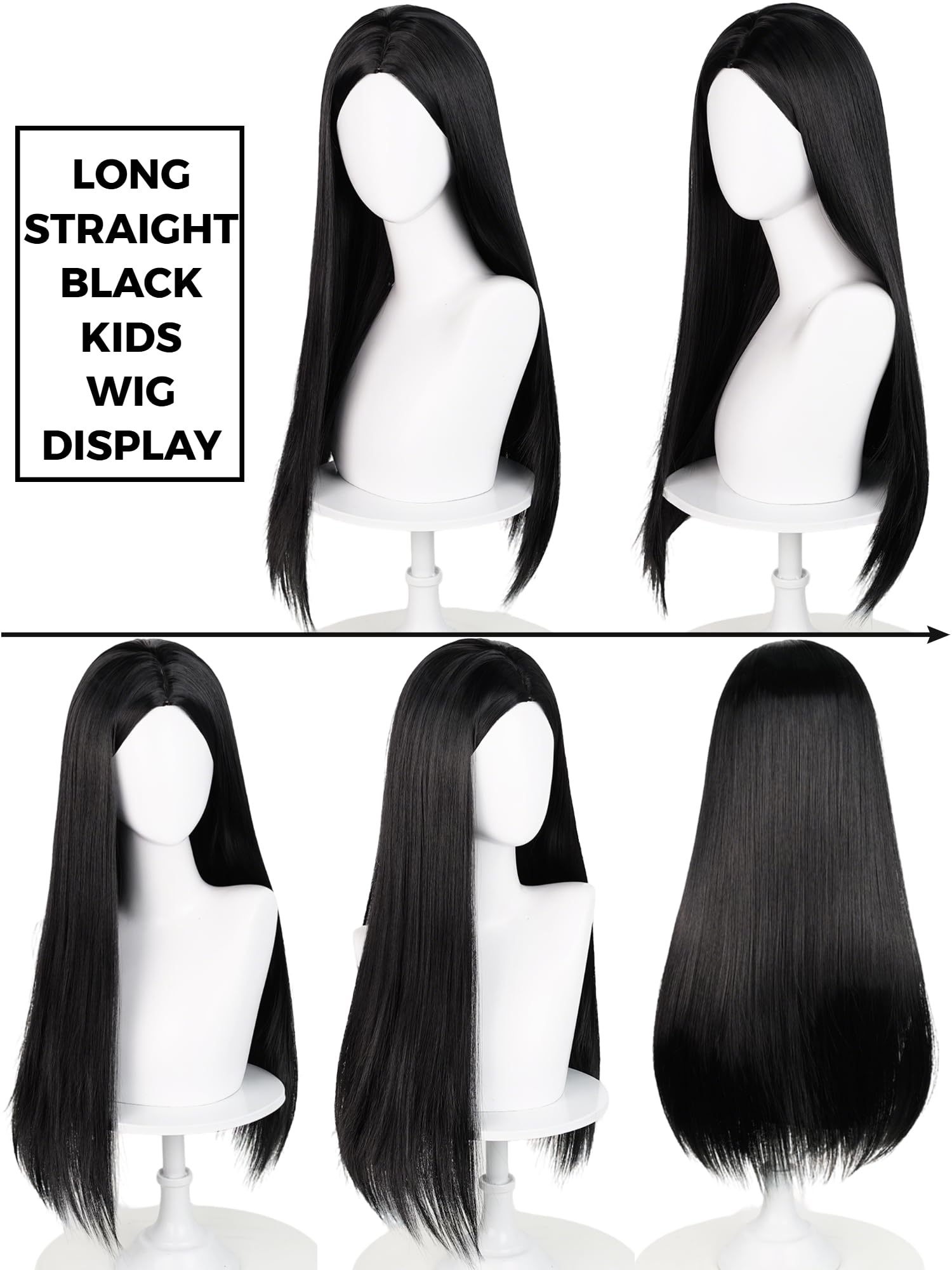 Peluca larga y lacia negra para niños con clip de flores, pelucas para niñas pequeñas Cosplay de 23.6 pulgadas de pelo sintético + gorra de peluca para disfraces diarios de fiesta de Halloween 9