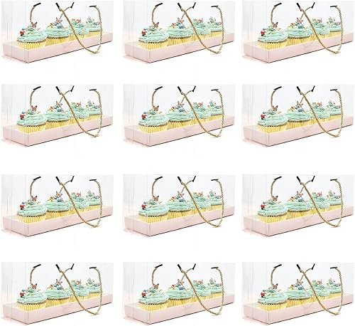 Sparkle and Bash Cajas transparentes para cupcakes con mango de cuerda dorada e inserciones blancas, 4 compartimentos (12.7 x 4.7 x 3.6 pulgadas),