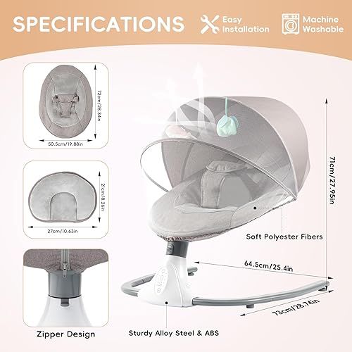 Miniatura 7 de TFCFL Columpios de bebé para bebés, silla columpio plegable para bebé, 4 velocidades con altavoz de música, control remoto, red, juguetes colgantes,