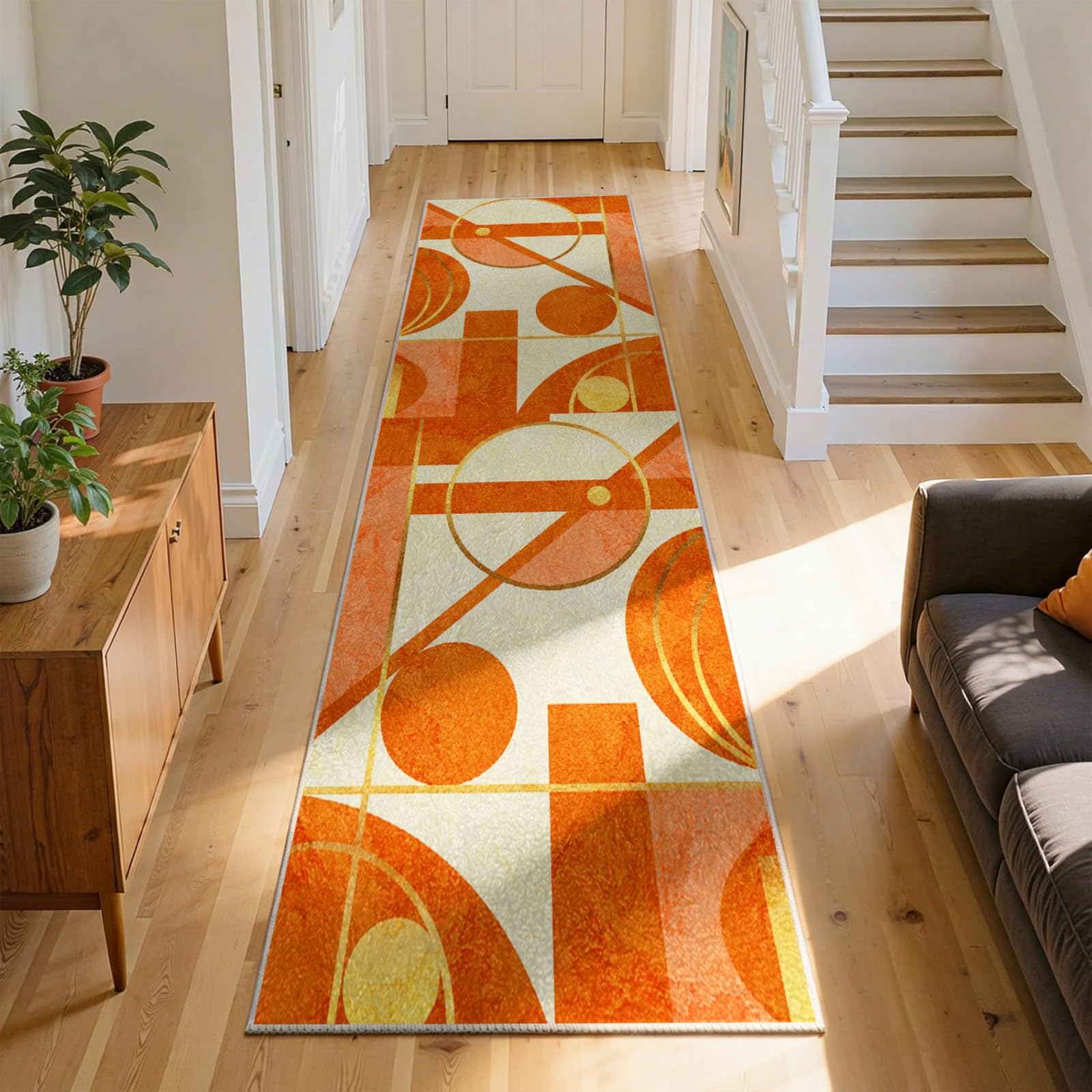 WAOTMN Geometric Carpet Runners for Living Room 60x120cm Orange Runner Rugs for Hallway Non-Slip Long Modern Design Stylish Luxurious Low Pile Pet Friendly Non-Slip Easy Clean Kitchen Rug