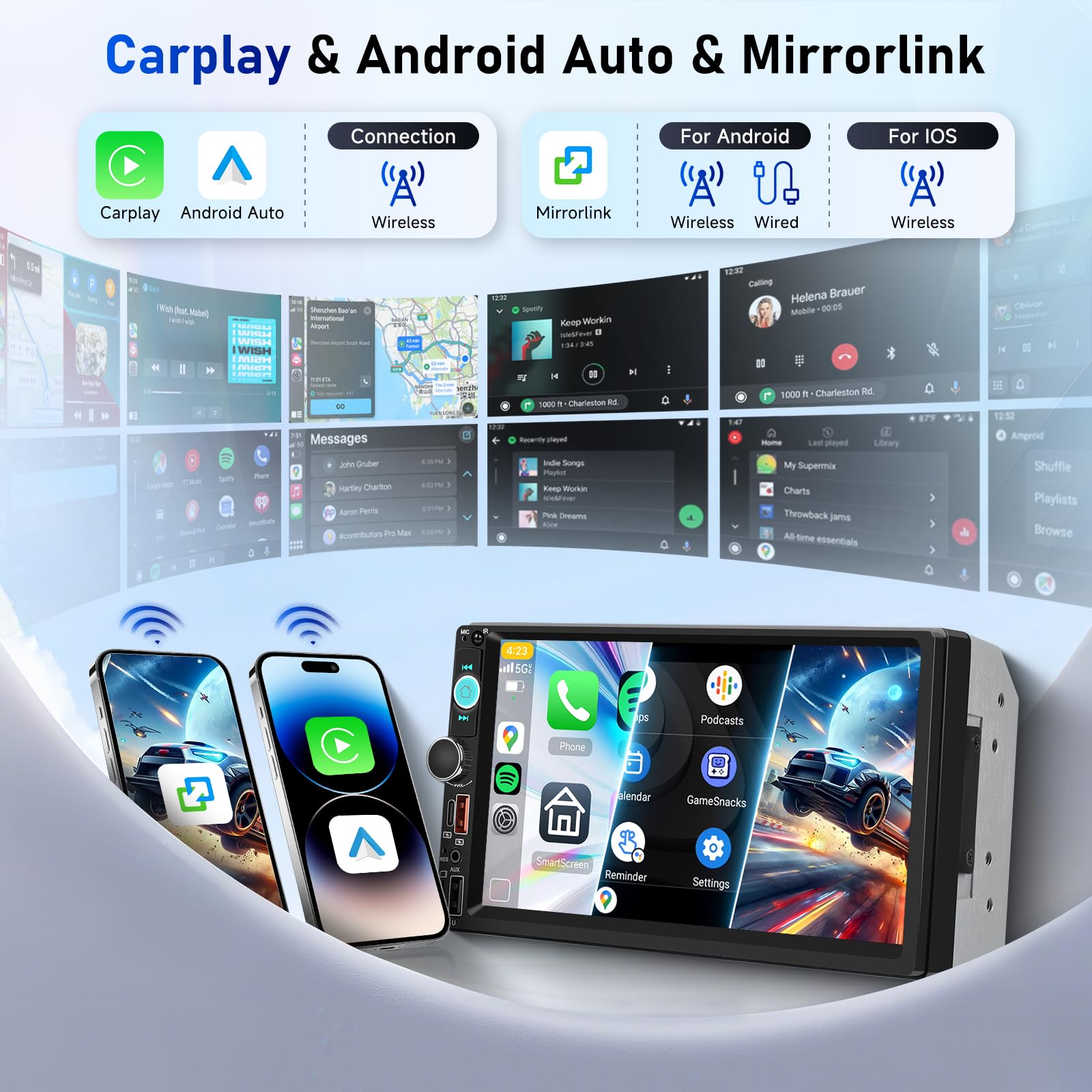 Hodozzy 2 Din Autoradio con Bluetooth Wireless Carplay e Android Auto, 7 Pollici Touch Screen 2 Din MP5 Stereo Auto con Schermo Radio FM, Mirror Link Riproduzione Video Tipo-C/USB/TF con Retromarcia