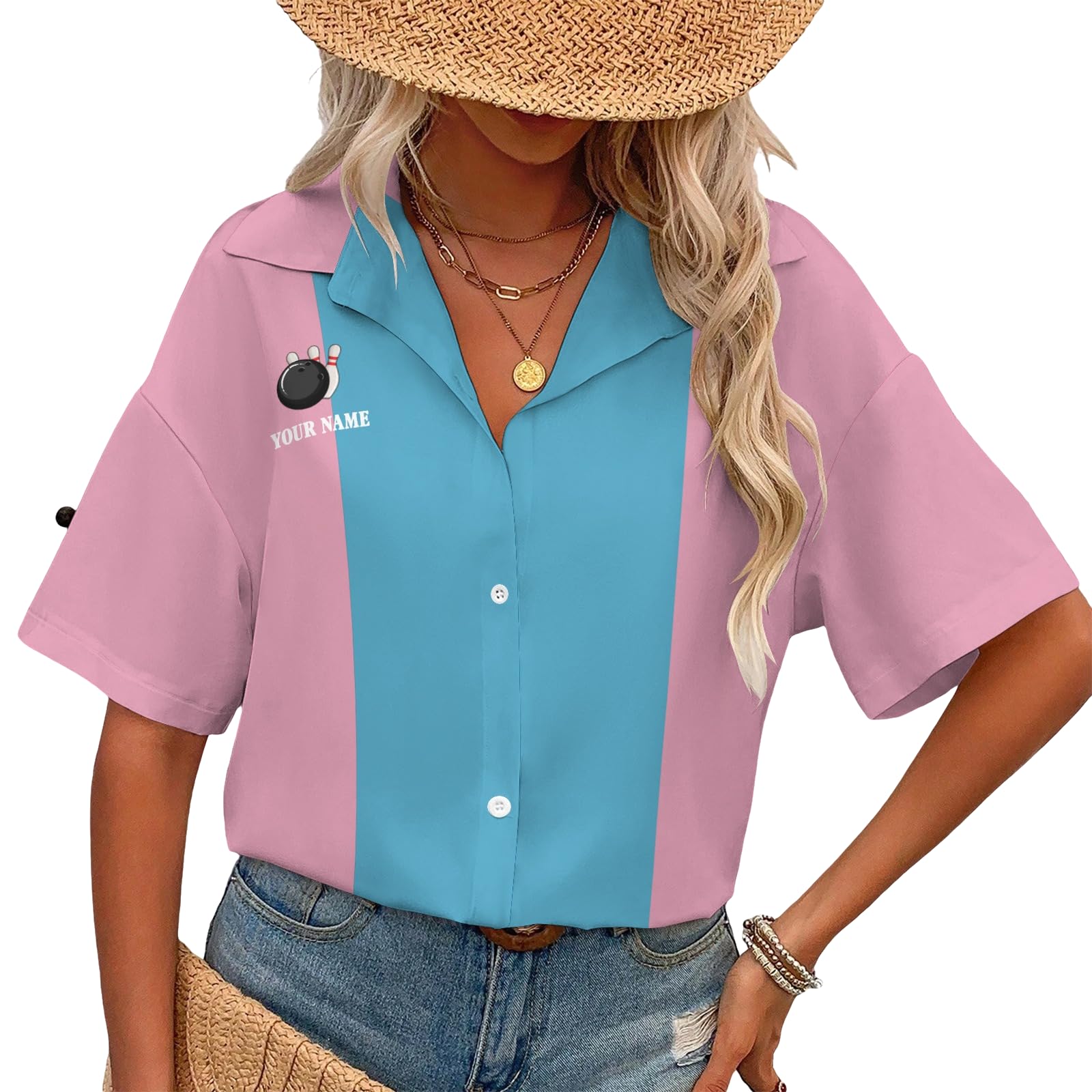 Artiglow Custom Retro Bowling Shirts for Women, Vintage Short Sleeve Button Down Casual Shirts with Personalized Team Name, Bowling Team Shirt, Hawaiian Shirt, Womens Summer Outfits