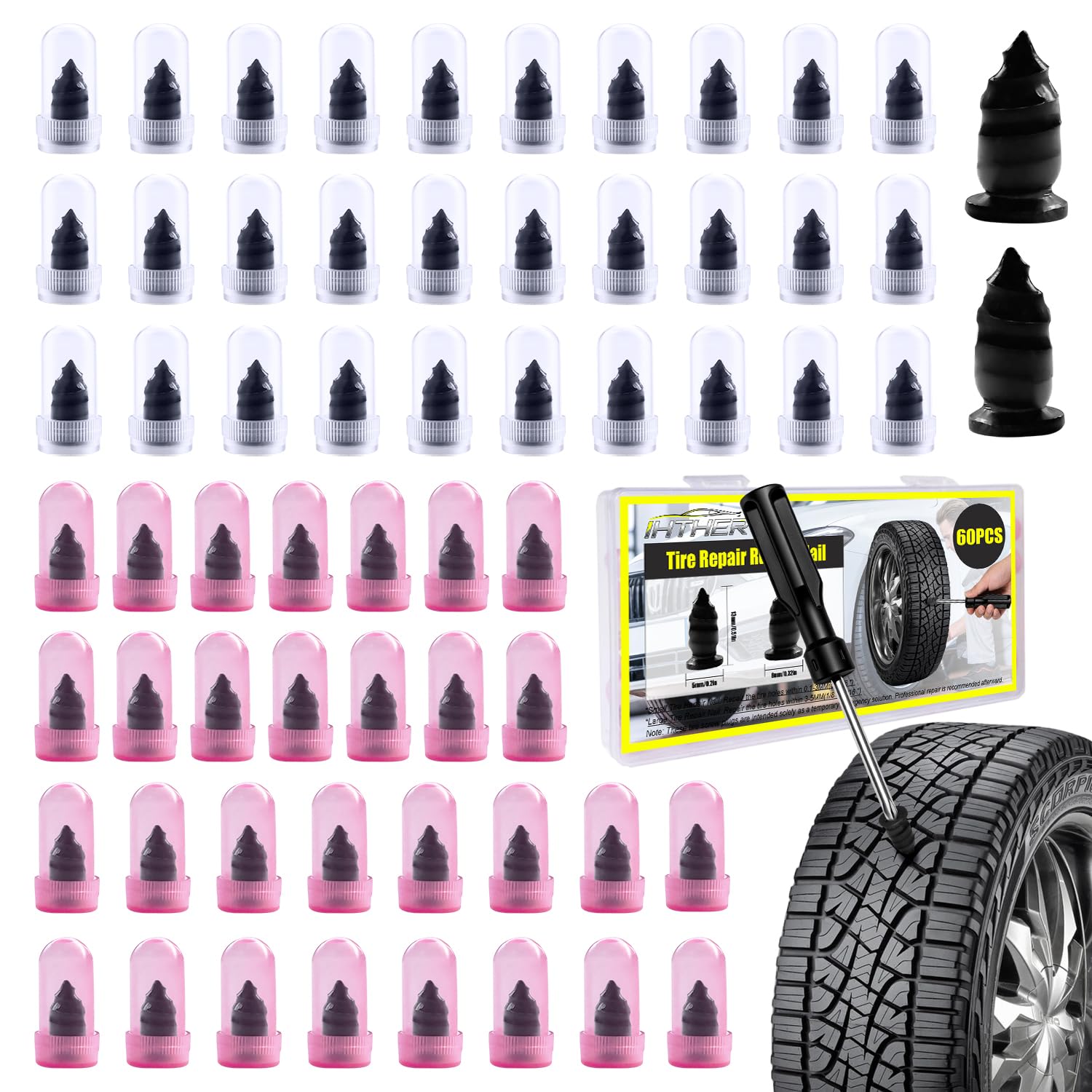 61 PCS Tire Plugs Screw Type, Reliable Screw in Tire Repair Plugs with a Screwdriver, Quick Tool Tire Plugs, Screw Tire Plug Kit, Tire patch kit for cars, motorcycles, trucks, tractors, and bicycles