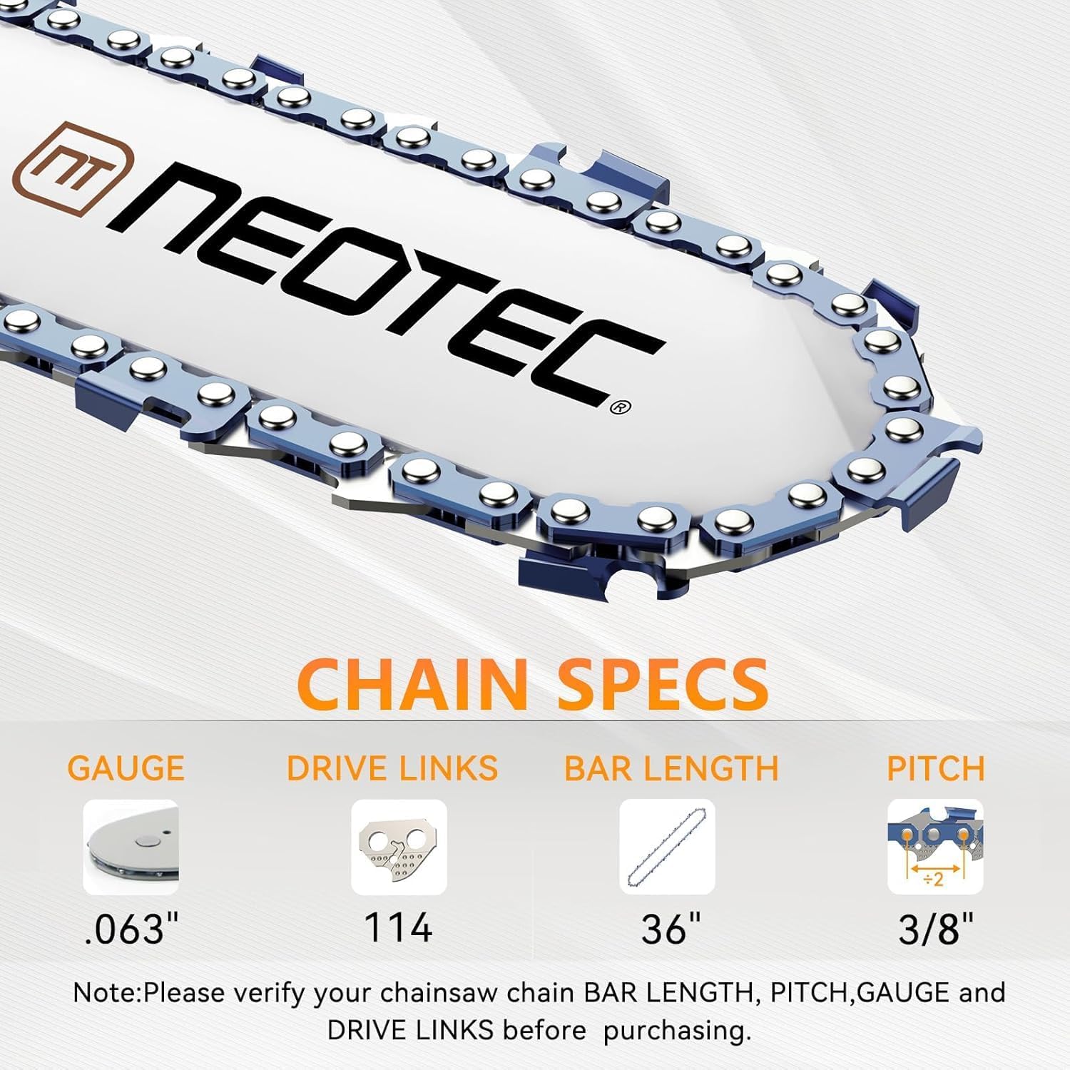 NEO-TEC 36 Inch Milling Chainsaw Chain 3/8" .063" 114DL - Full Chisel Skip Tooth Fit for Stihl MS290 MS360 MS440, Durable Milling Chain for Woodworking Projects