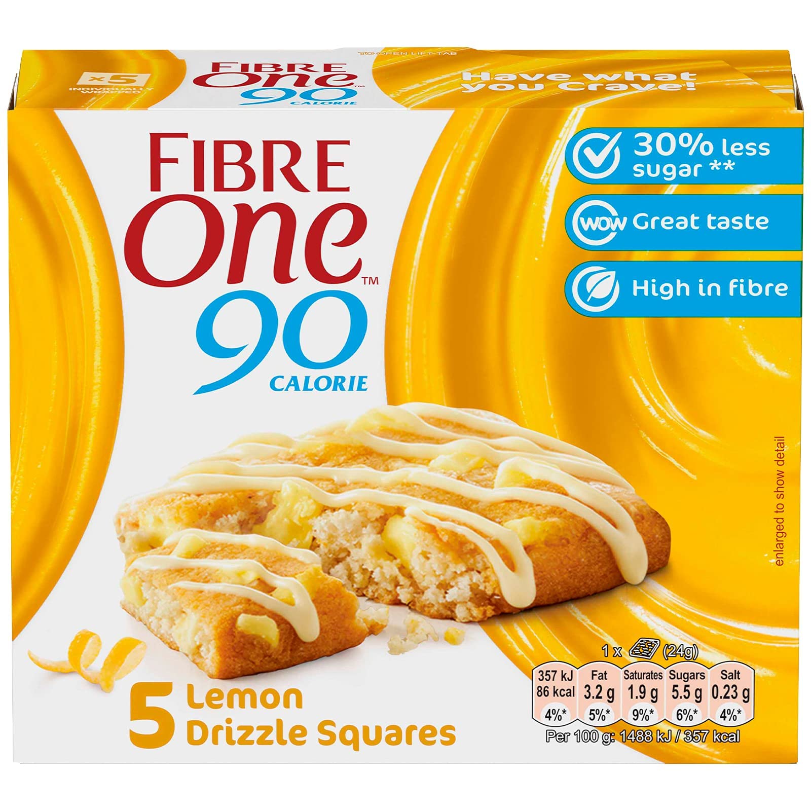 Fibre One 90 Calorie Lemon Drizzle High Fibre Cake Squares, 5 x 24 g