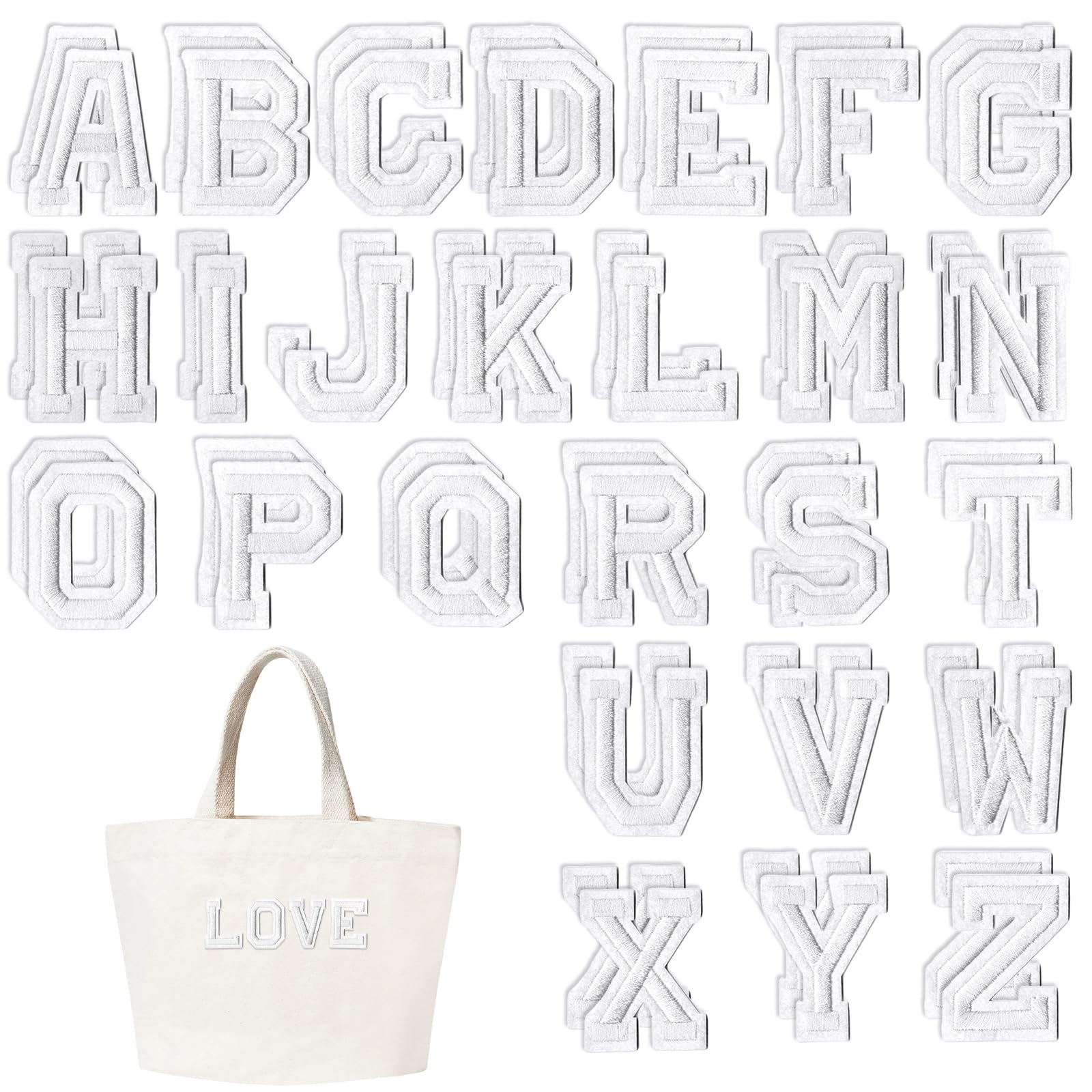 Iron on Letters for Clothing, 52 Pcs White Iron on Letter Patches Alphabet A-Z Embroidered Patches with Ironed Adhesive Decorative Sew on Letters Patch for Jackets, Coats, Shirts, Hats, Bags, Jeans