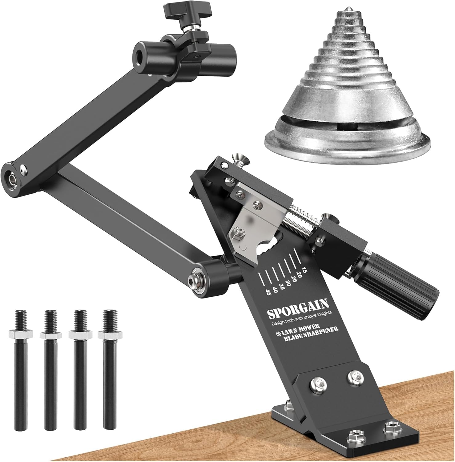 SporGain Afilador de cuchillas para cortacésped y equilibrador de cuchillas para cortacésped, herramienta de afilado ajustable de 15°-45° con kit de equilibrador de cuchillas de cortacésped, muchos