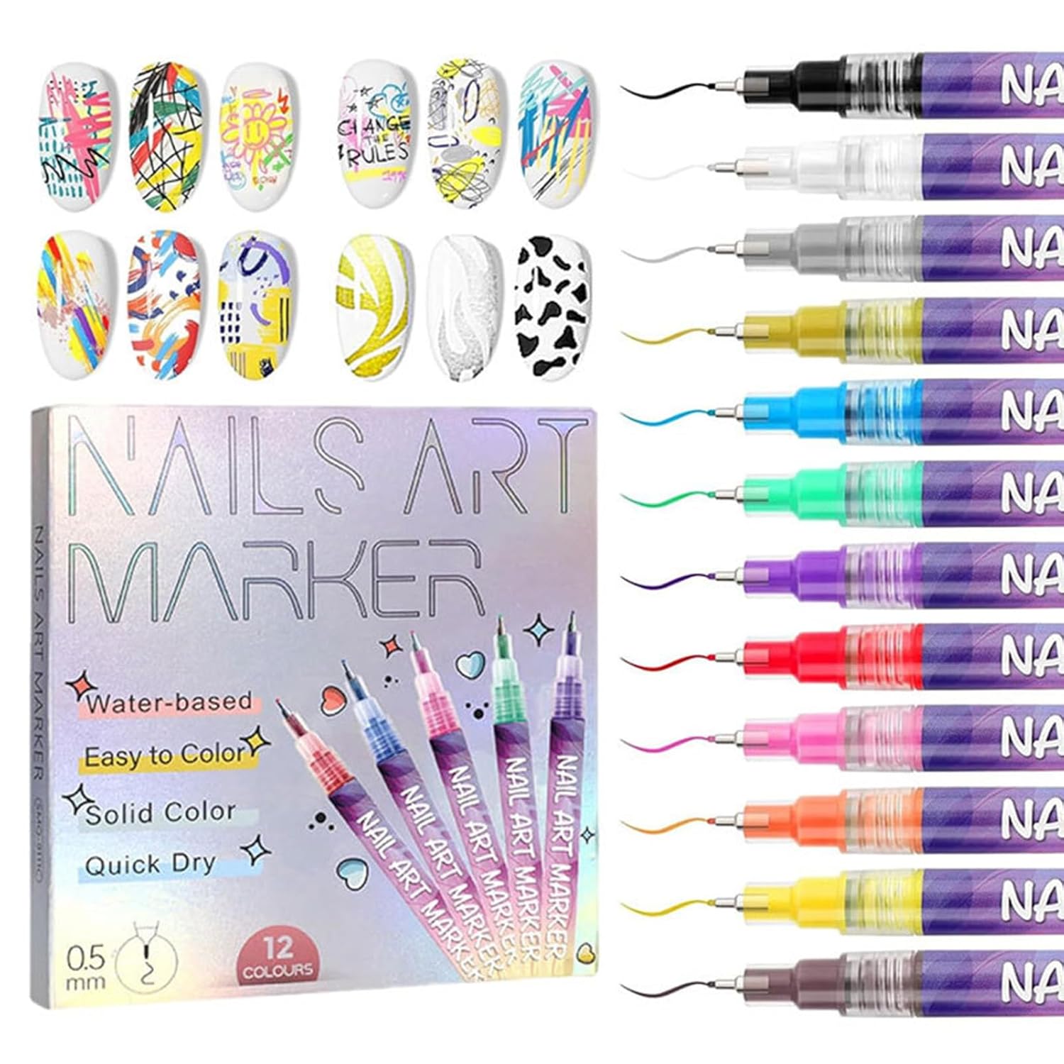 12 Colors Nail Art Pens Set, 0.5mm Fine Tip Acrylic Paint Markers, for Gel Nails & Diy Crafts, Quick Dry, Waterproof, Vibrant Colors