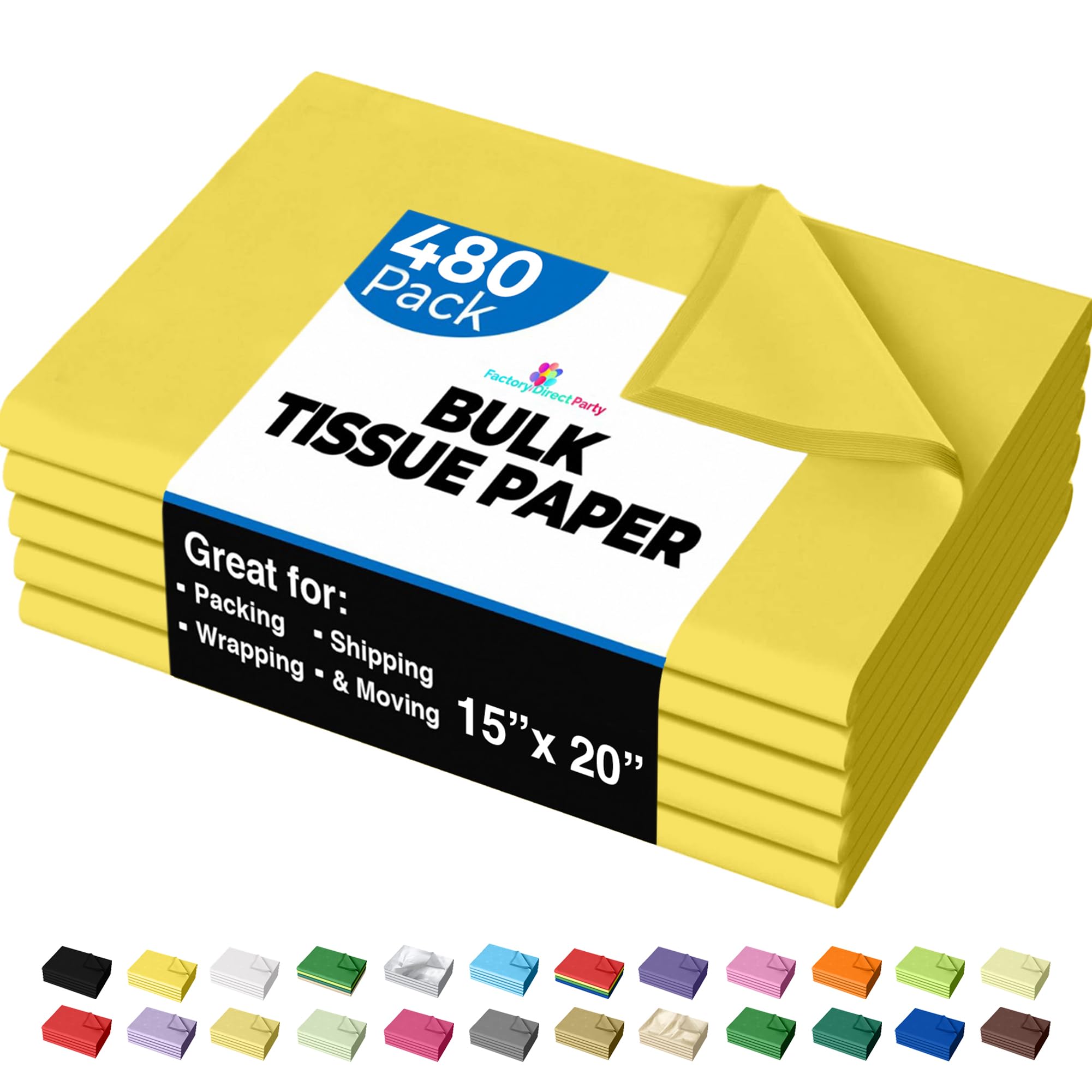 Party Solids Yellow Tissue Paper for Gift Bags - 15" X 20" Bulk Tissue Paper Yellow 480 Sheets - 10lb Newsprint for Packing, Birthday Gift Box Filler,