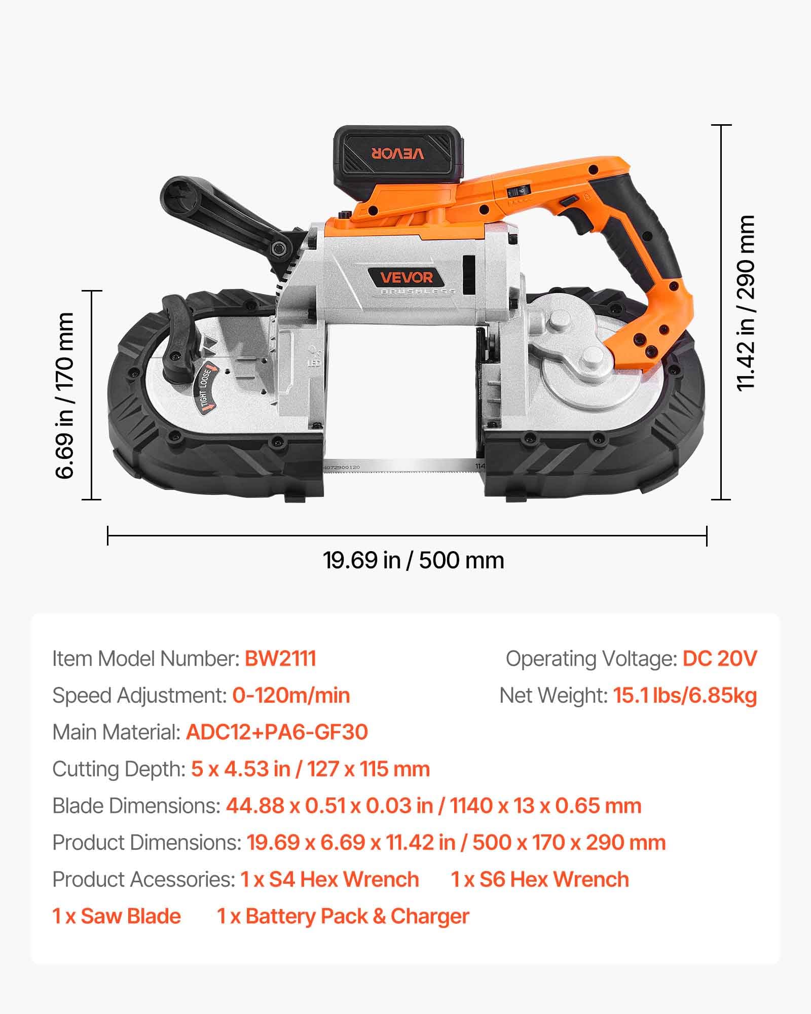 VEVOR 20 V Akku Bandsäge, 127x115mm Schnitttiefe, Metallbandsäge mit bürstenlosem Motor, 4000-mAh-Akku und Ladegerät, 0–120 m/min variable Drehzahl, zum Schneiden von Metall, Holz
