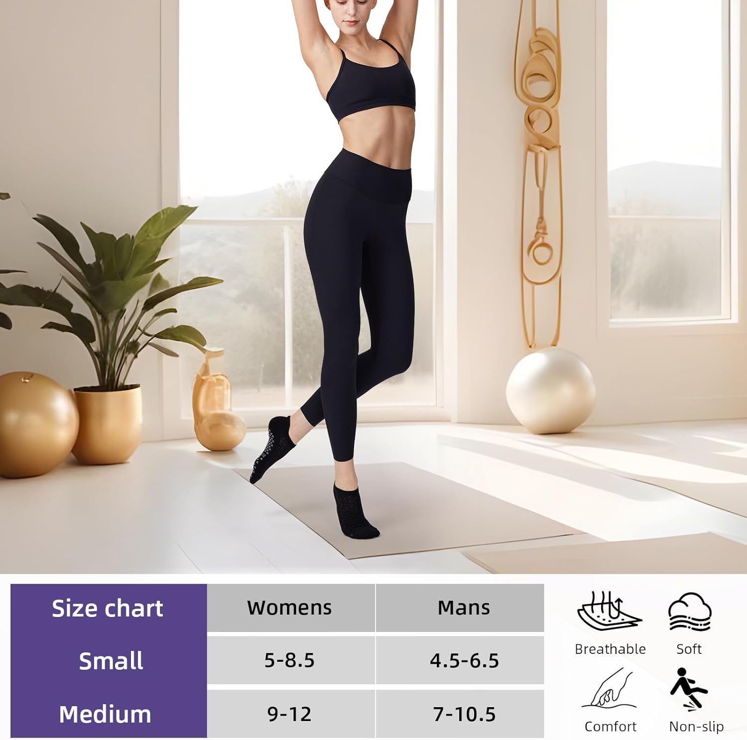 Women’s Non-Slip Yoga Socks with Grips, 4 Pairs Pilates Socks for Barre, Ballet & Home Workouts - Image 6