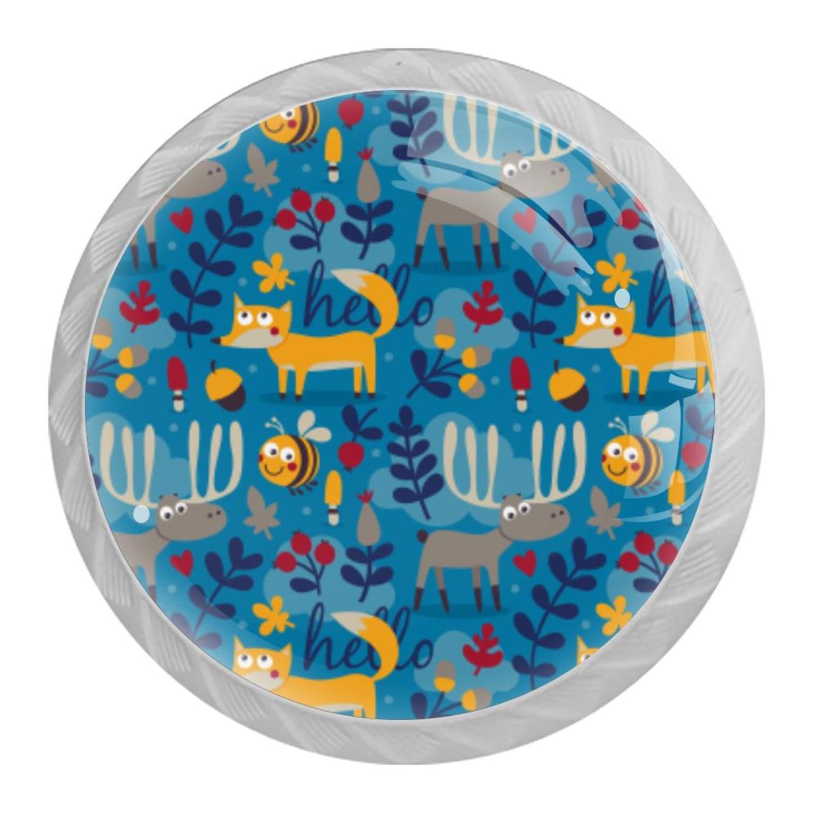 Tqmspg 4 Pieces Drawer Pulls Fox Bee Deer Pattern Door Knobs Dresser Handles for Kitchen Wardrobe Cupboard Hardware Furniture