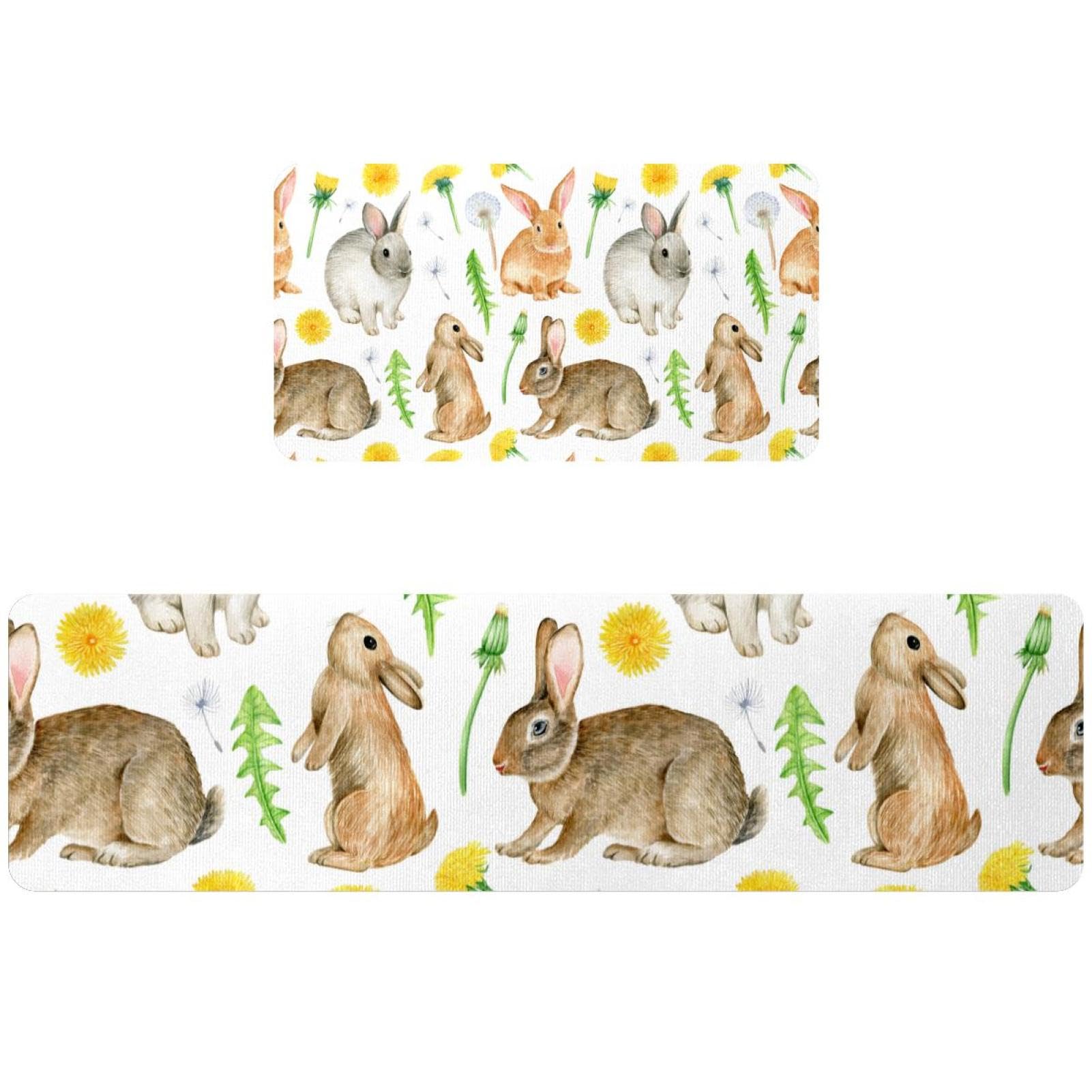 Tapis de cuisine absorbant lavable motif lapins et chrysanthème jaune : lot de 2