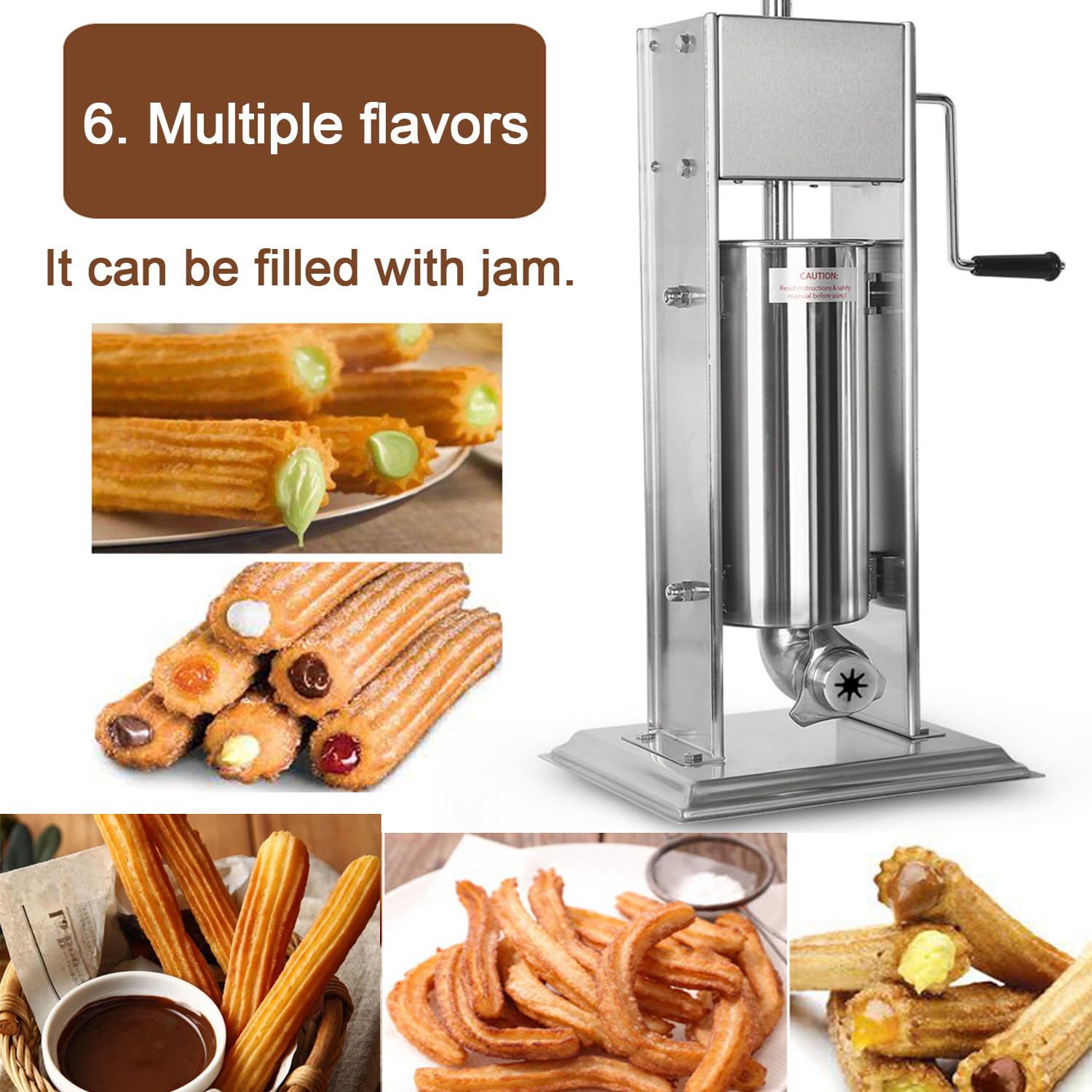 Qiang Machine Fabrication Churros Manuelle Professionnelle Machine Remplissage Churros Machine Fruits Latine en Acier Inoxydable avec 4 Buses,pour Faire Différentes Formes Bâtonnets Pâte Frits,10L