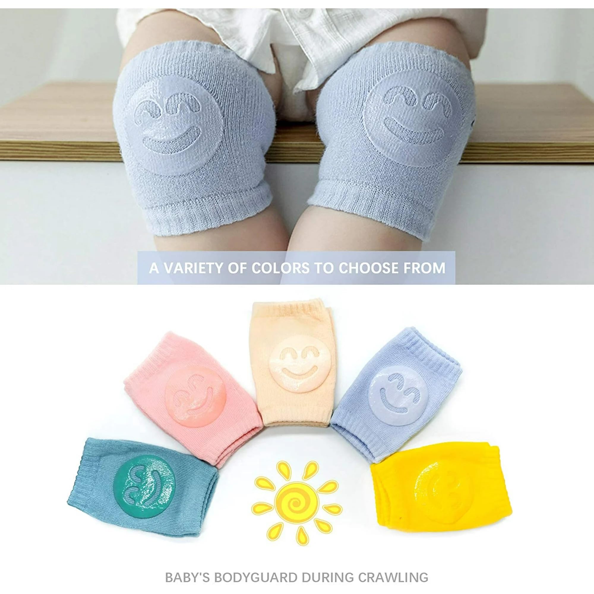 Felofix 2 Pairs Smiley Baby Knee Pads For Crawling Toddler Leg Warms Non-slip Anti-Friction Socks For Crawling 6-24 Months Babies 3