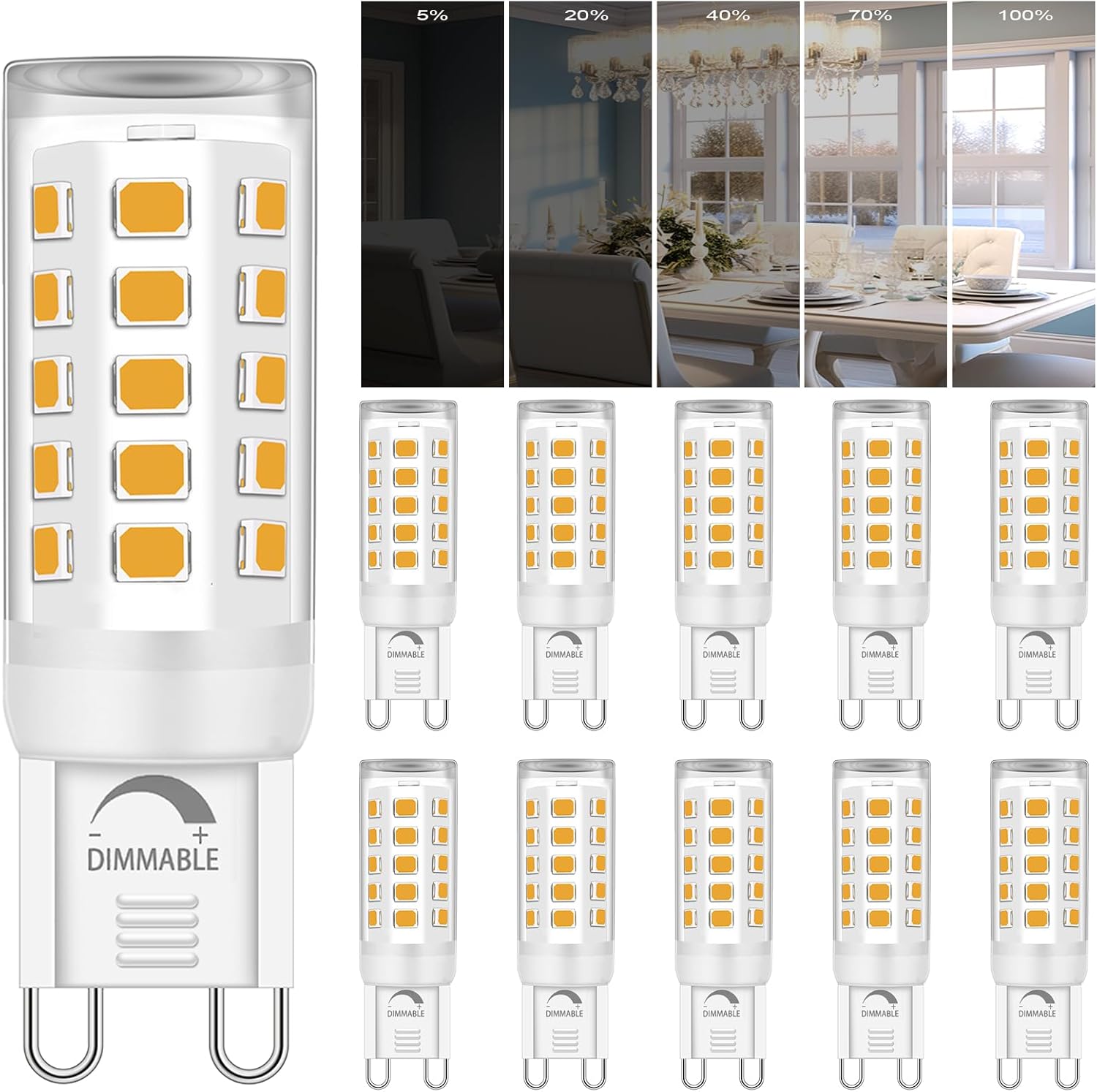 G9 LED Bulb Dimmable, No Flicker 2700K Soft Warm White T4 Small G9 LED Bi Pin Base, 4W (40W Halogen Replacement Bulbs), Chandelier Light Bulbs for Home Lighting, 4 Pack (Modern, Count, 10)