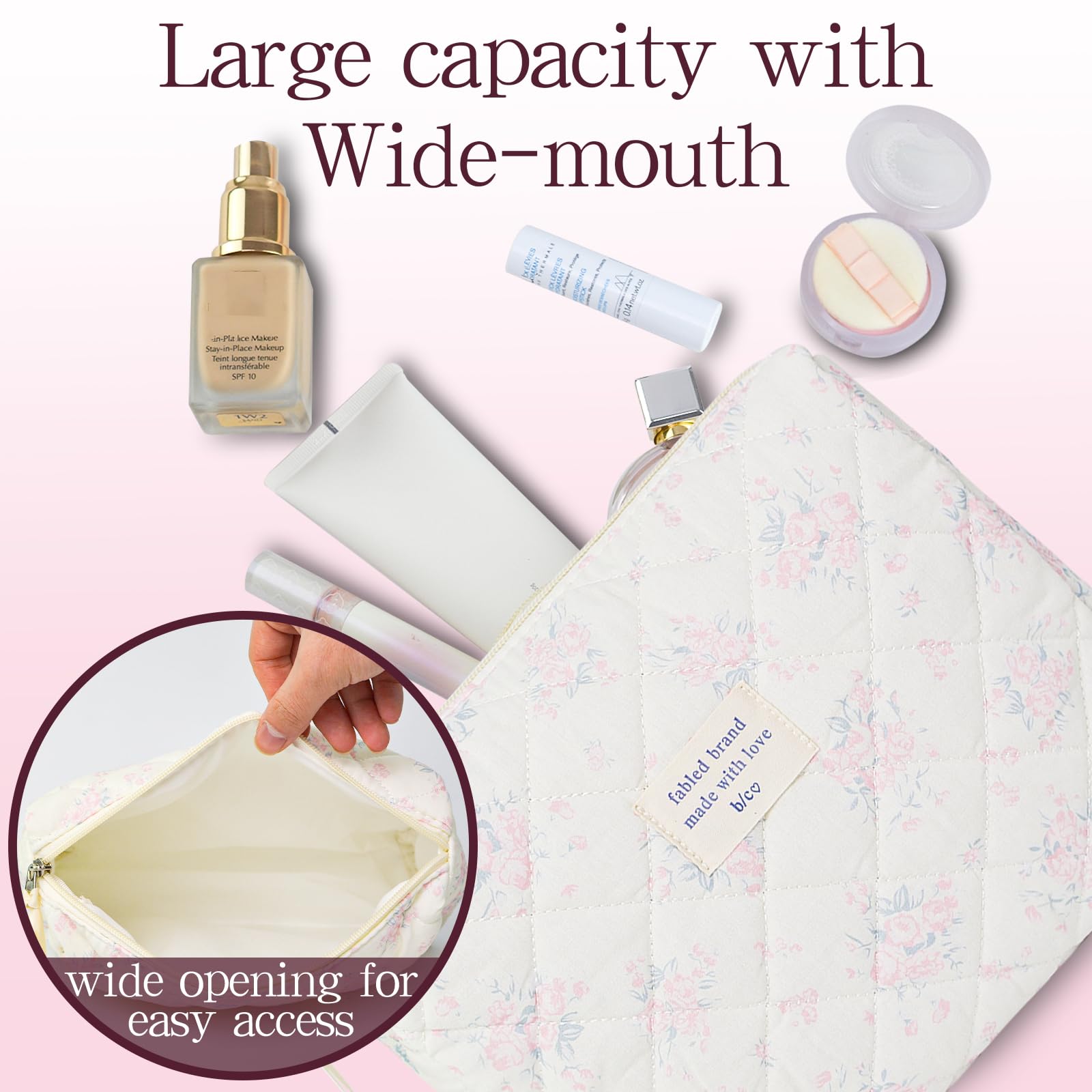 YRWE 3Pcs Quilted Makeup Bag Set, Cute Floral Cotton Cosmetic Bag, Coquette Bow Make up Bag Large Travel Toiletry Bag - Image 3