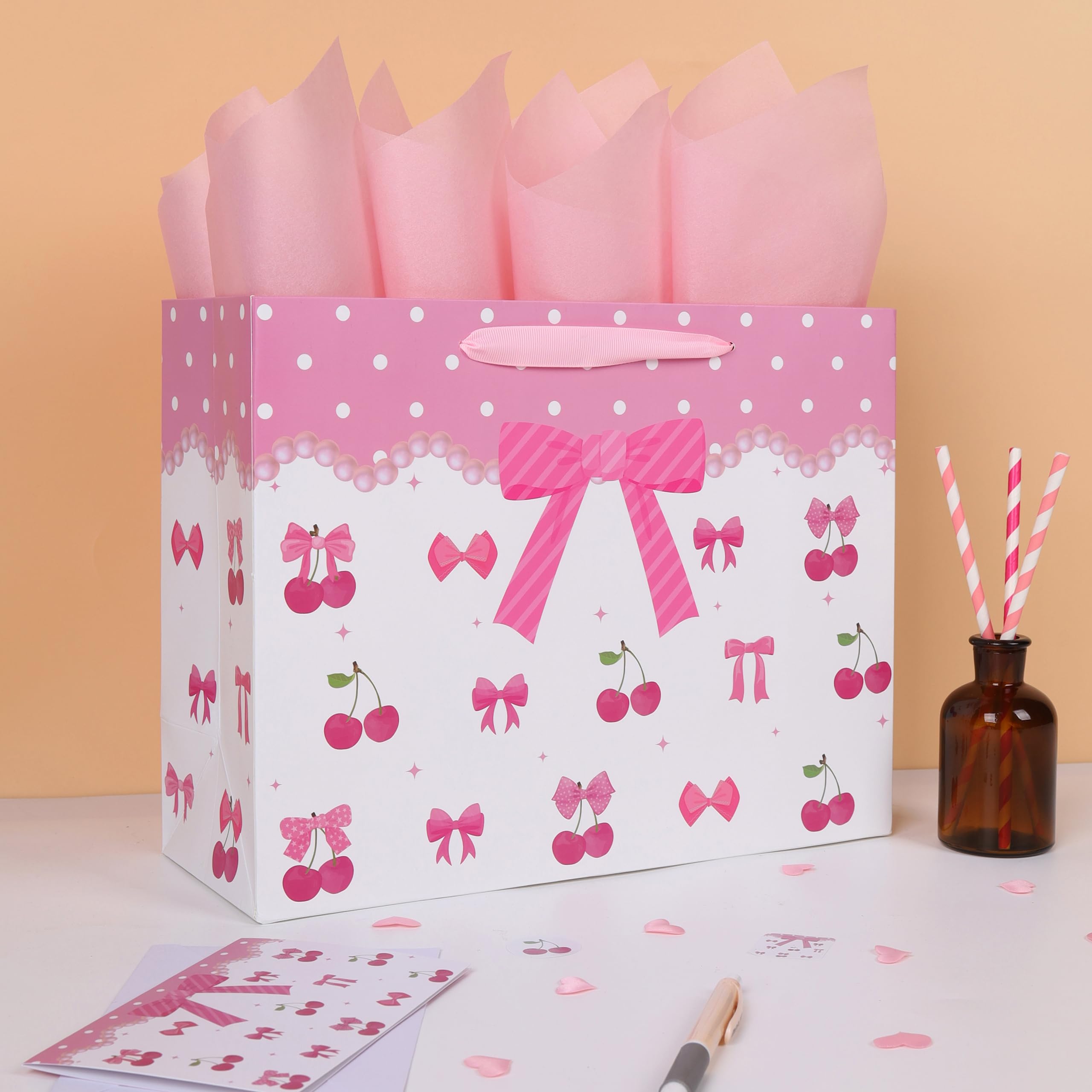 13'' Large Red Bow Gift Bag Set with Handles, Greeting Card, Pink Tissue Papers and Stickers for Women Girls for Birthday, Wedding, Bridal Shower, Baby Shower, Red Bow Design, 1 Pcs