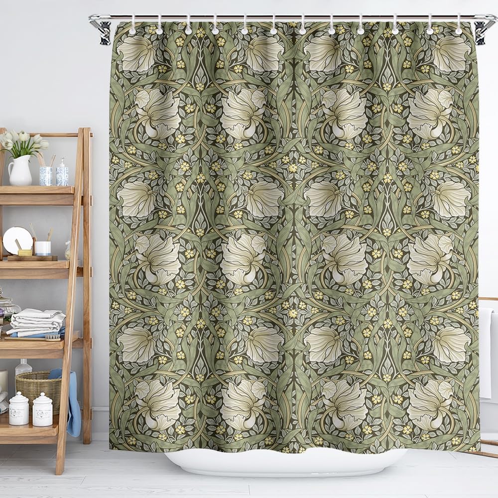 Fchen art Botanical Sage Green Yellow Flowers Shower Curtain Bathroom,William Morris Flower Pattern Print Polyester Fabric Shower Curtain For Bathroom With 12Hooks 180x180cm