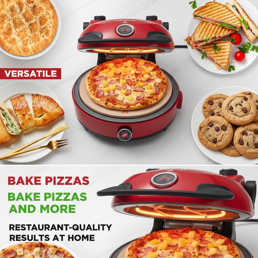 NutriChef Electric Pizza Oven | 1200W Countertop Pizza Maker with Temperature Control & Thermometer | Viewing Window for Precise Cooking | Heats up to 800˚F | Easy to Clean Non-Stick Coating | Red