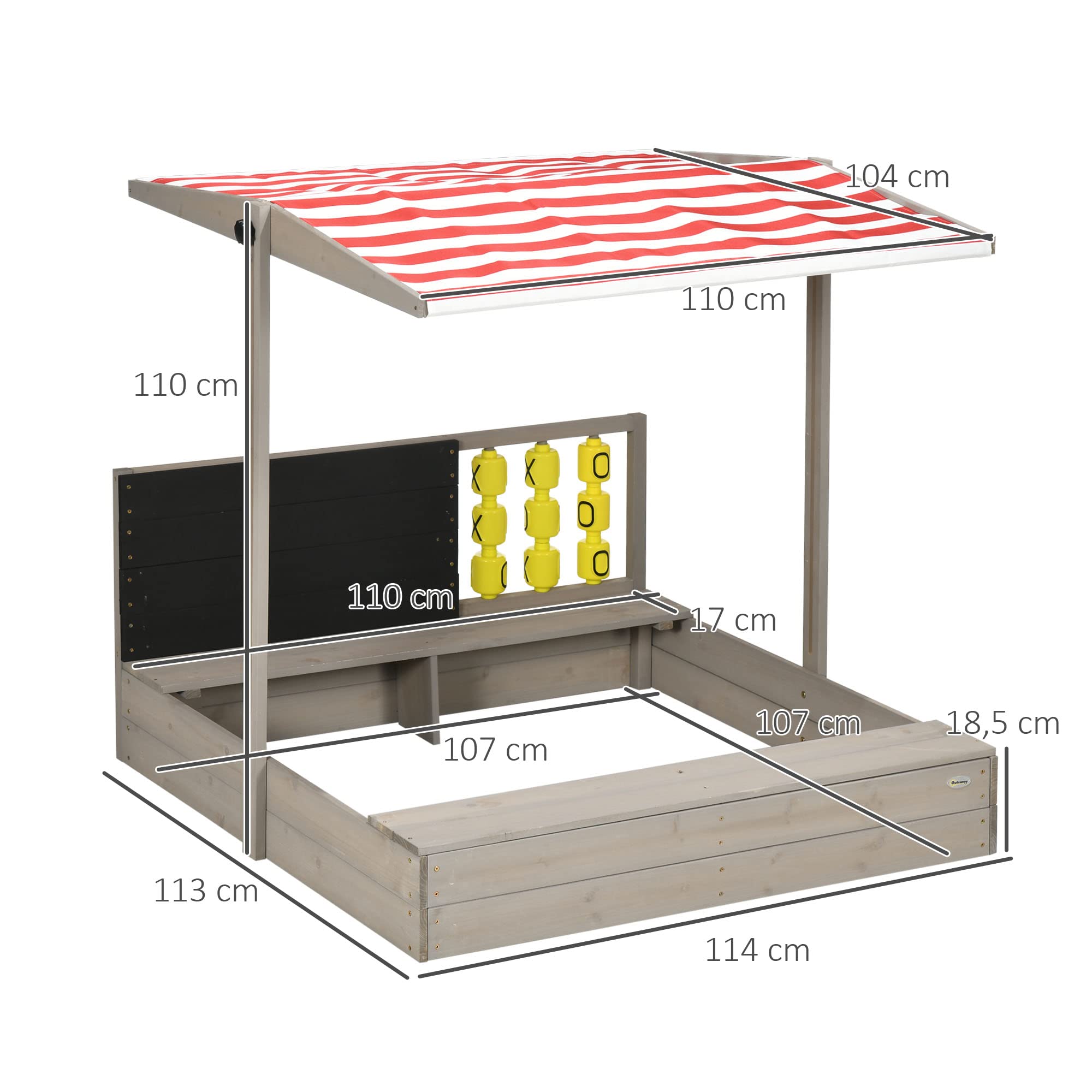 Outsunny Bac à Sable pour Enfants en Bois avec bancs, 114 x 113 x 110 cm | Carré, toit ajustable, tableau et jeux inclus, pour enfants, gris, hauteur 110 cm
