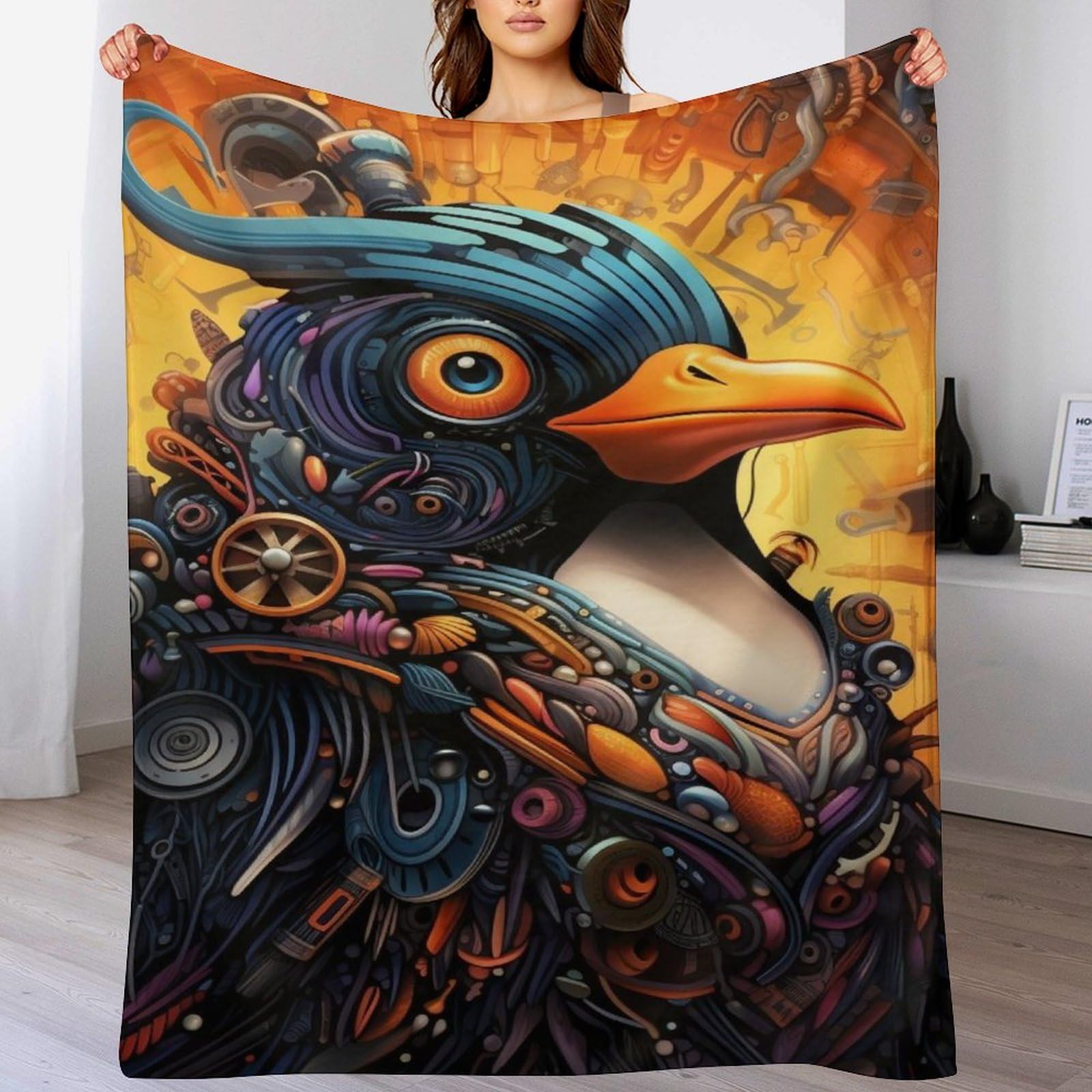 Couverture motif pingouin impression 3D flanelle pour lit et canapé 130×150cm