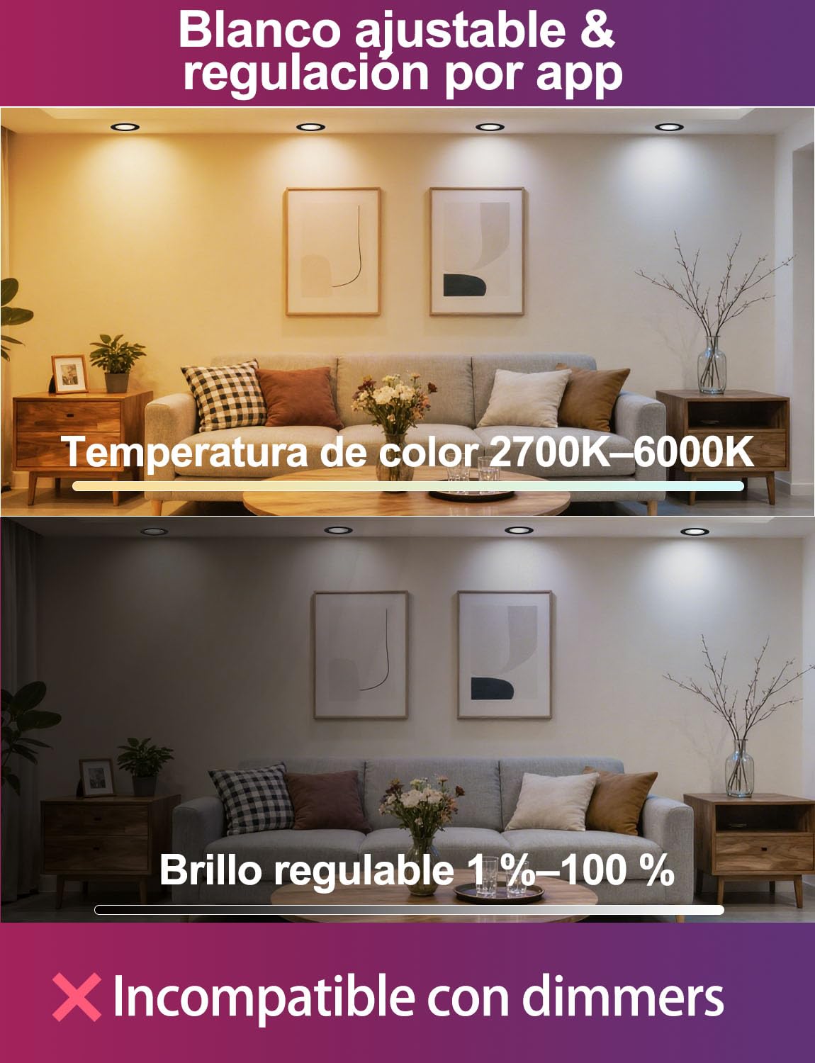 iLC Foco Empotrable LED Techo 8W, trabajar con Alexa(Se requiere un dispositivo Echo), Corte Ф68-85mm, 2700K - 6000K + RGB Cambio de Color, Aplicación controlada Downlight (4 unidades)