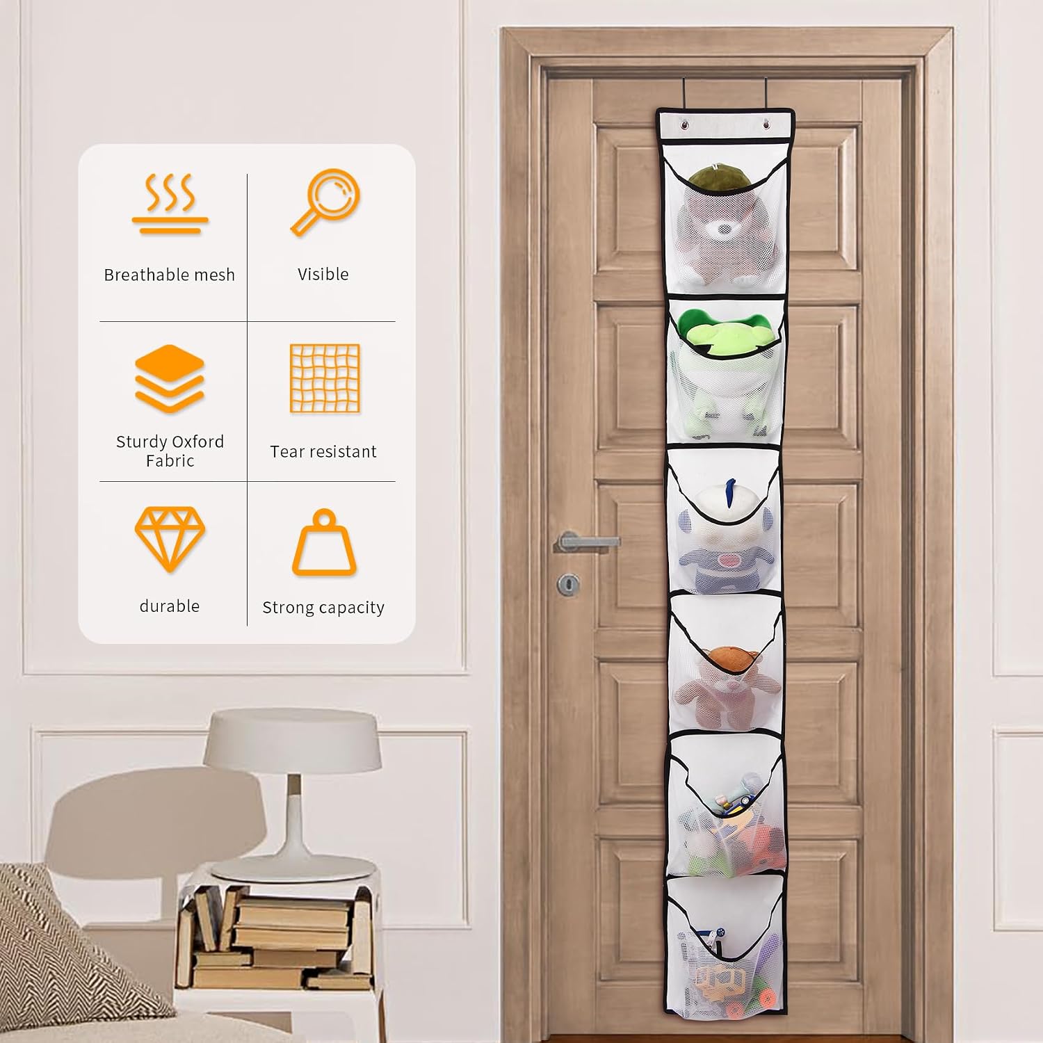 GOMAJI 6 Large Breathable Mesh Pockets, Over The Door Shoe Organizer, Boots Hanging Storage Shoe Rack for Closet, Accessories - - White