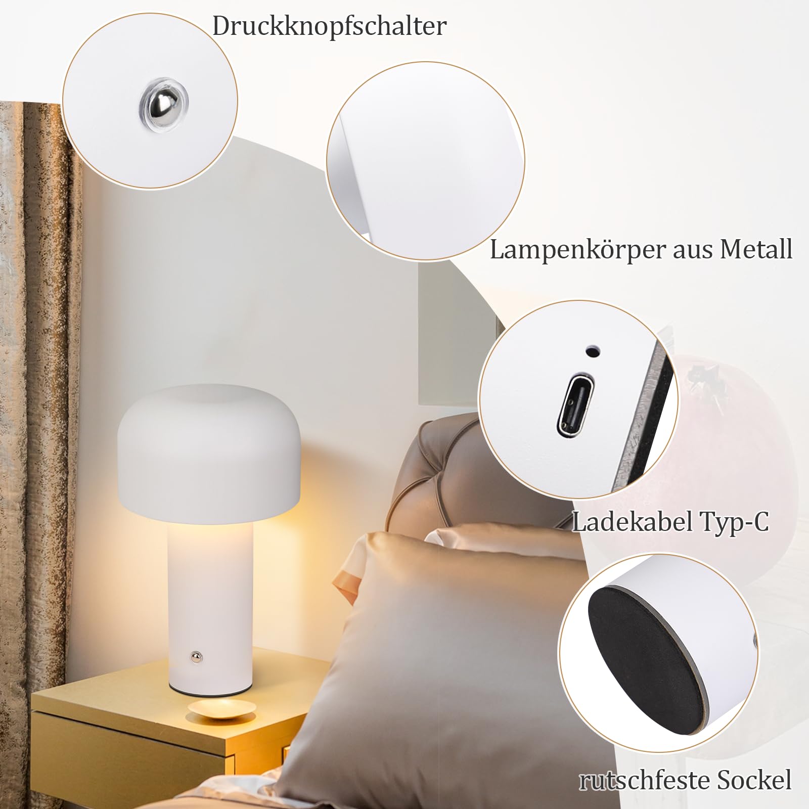 ZMH 2ER Tischlampe Kabellos Akku Tischleuchte - LED Nachttischlampe
