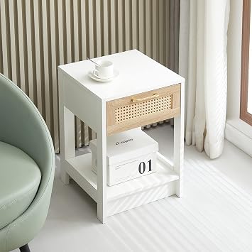 Rattan Nightstand, Boho Night Stand with Rattan Drawer & Solid Wood Legs, Small End/Side Table for Living Room, Bedroom, Small Space White