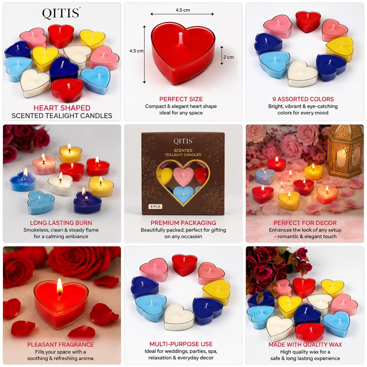 Heart Candles - Multicolor Tealights for Home Decor -9 Heart Candles - Multicolor Tealights for Home Decor -9