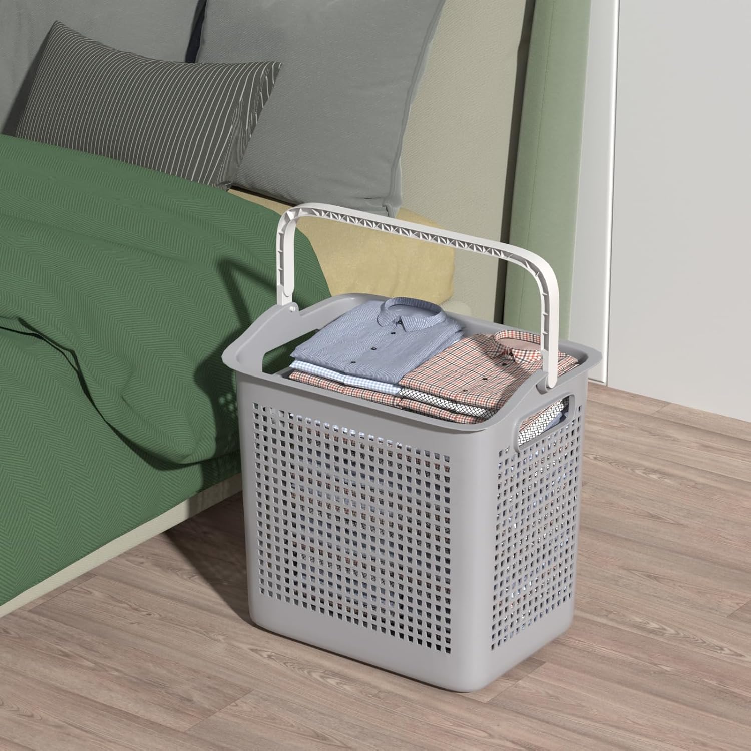 42 L Plastic Dirty Clothes Hampers with Handles, Plastic Laundry Baskets, Gray, 4 Packs