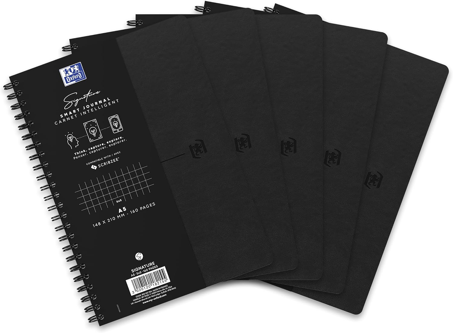 Oxford 5 x A5 Spiral Notebook - Signature - 160 Pages - Flexible Cover - Black