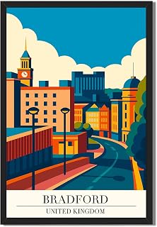 Framed Bradford Cityscape Poster Canvas Print Art Modern Wall Art Painting Pictures Elegant Home Decor for Living Room Wall Decoration Apartment Art Print (Black Framed,12L x16W)