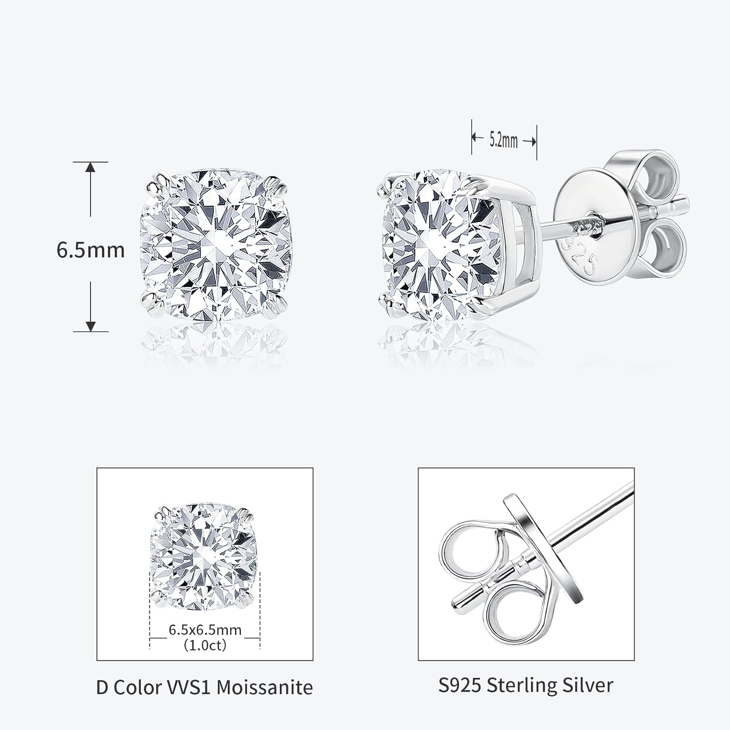 Cushion Cut Moissanite Stud Earrings, 3cttw D Color VVS1 925 Sterling Silver Trendy 4 Prong Earrings for Women or Men Birthday Jewerly Gifts - Image 3