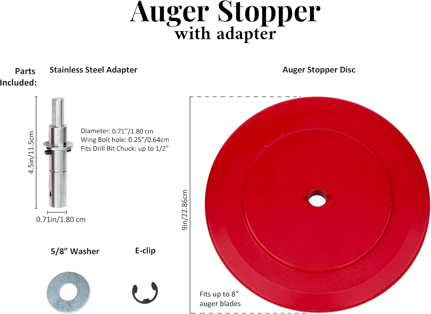 Ice Fishing Auger Stopper with Drill Bit Adapter (9"disc, fits up to 8" auger blades) for Cordless 20volt Lithium Battery Drills - Prevent Auger Blade from Slipping Beneath The Ice.