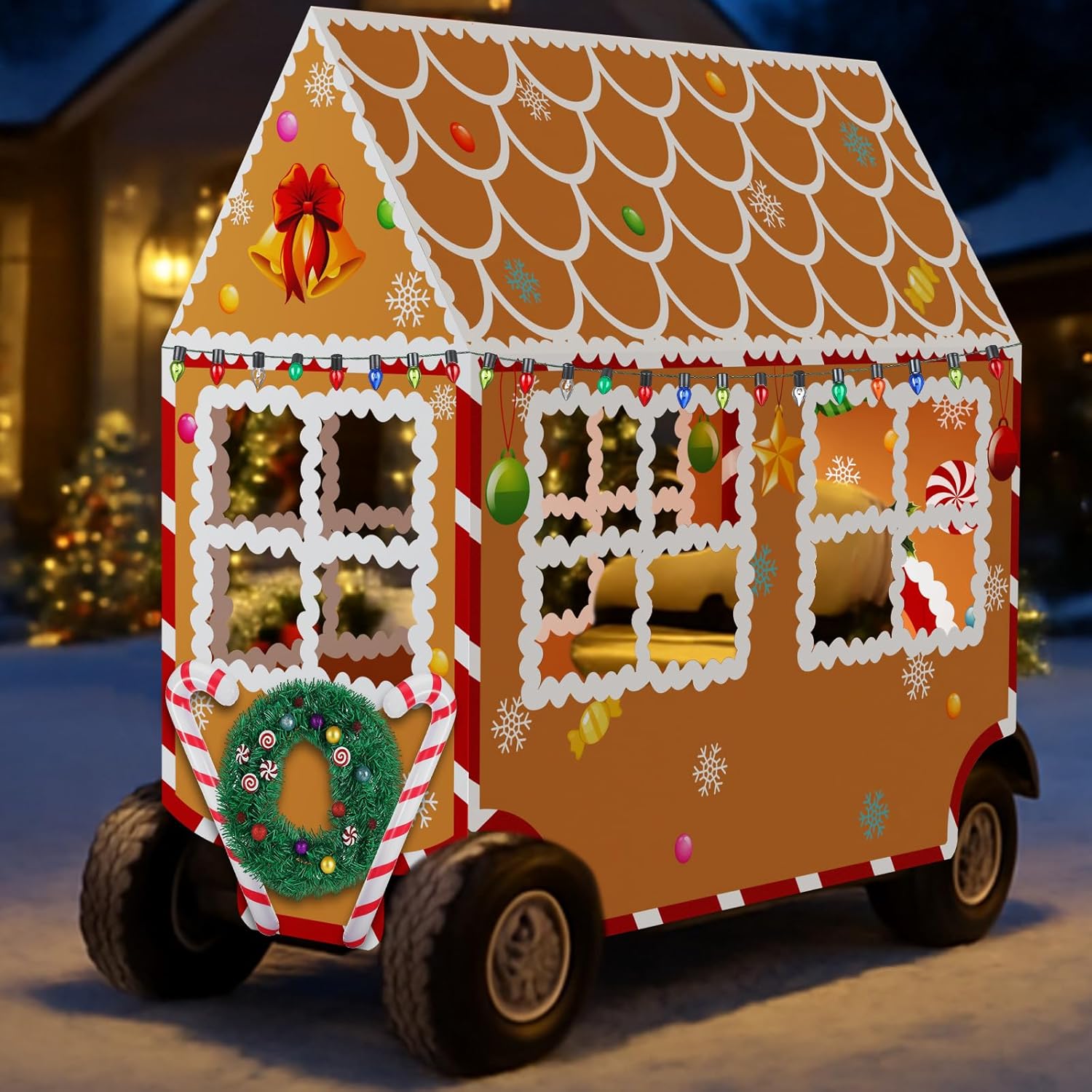 15 Pcs Christmas Gingerbread House Golf Cart Decorating Ideas Gingerbread House Colored Lights Candy Cane Shaped Balloons Candy Garland Decorations No Frame Included for Christmas Decorations