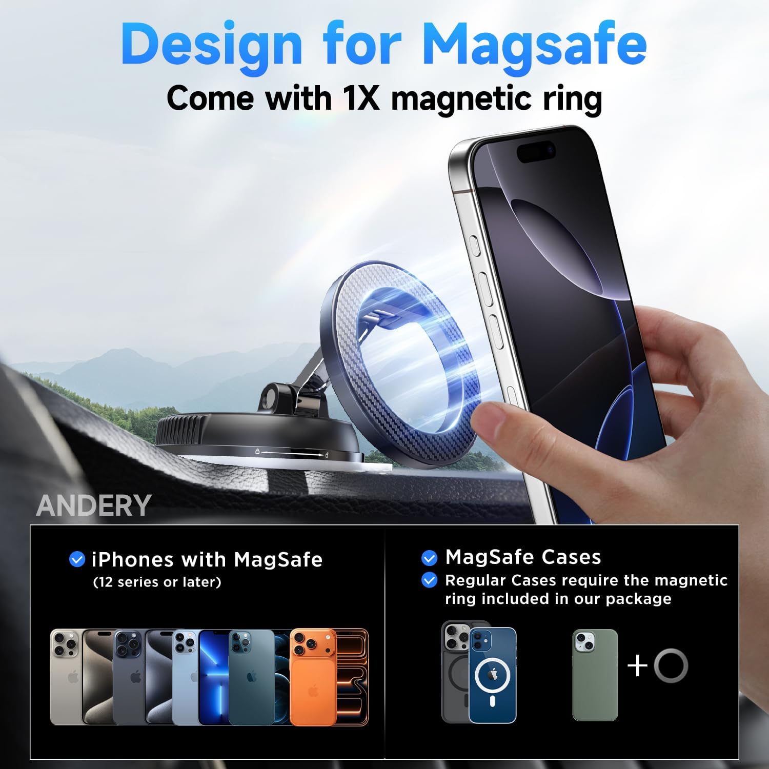 ANDERY Car Phone Holder for Magsafe [78+LBS Strongest Suction & 2400gf Magnetic] 360° Adjustable Car Phone Mount, Phone Holders for Your Car for iPhone 17 Pro Max 16 15 14 13 12 Air Plus, Carbon Fiber - Image 6