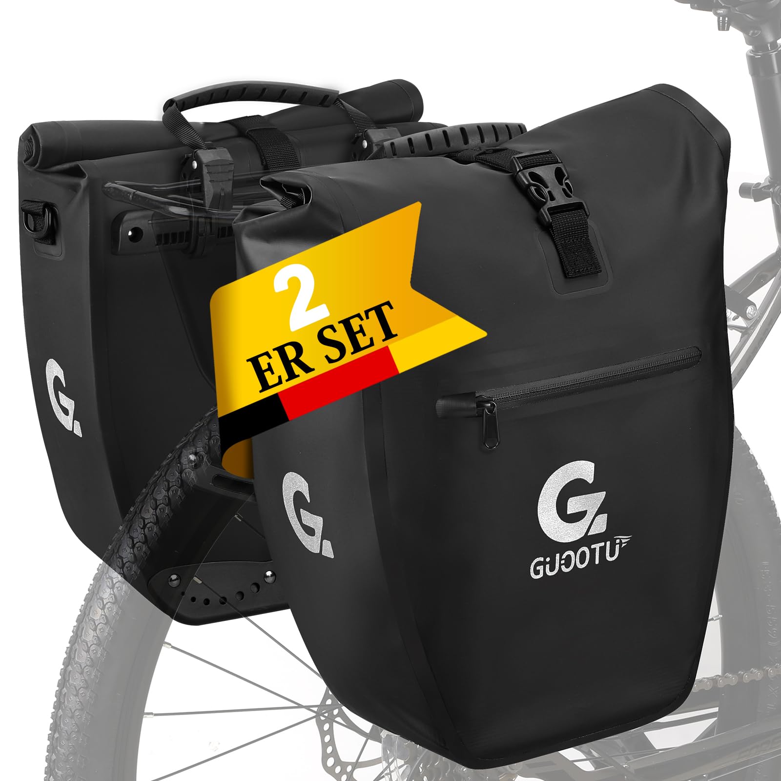GUOOTU 2 Er Set Fahrradtasche für Gepäckträger 48L,aus Tarpaulin Hinten Gepäckträgertasche mit Reflektoren, mit Tragegriff und Schultergurt