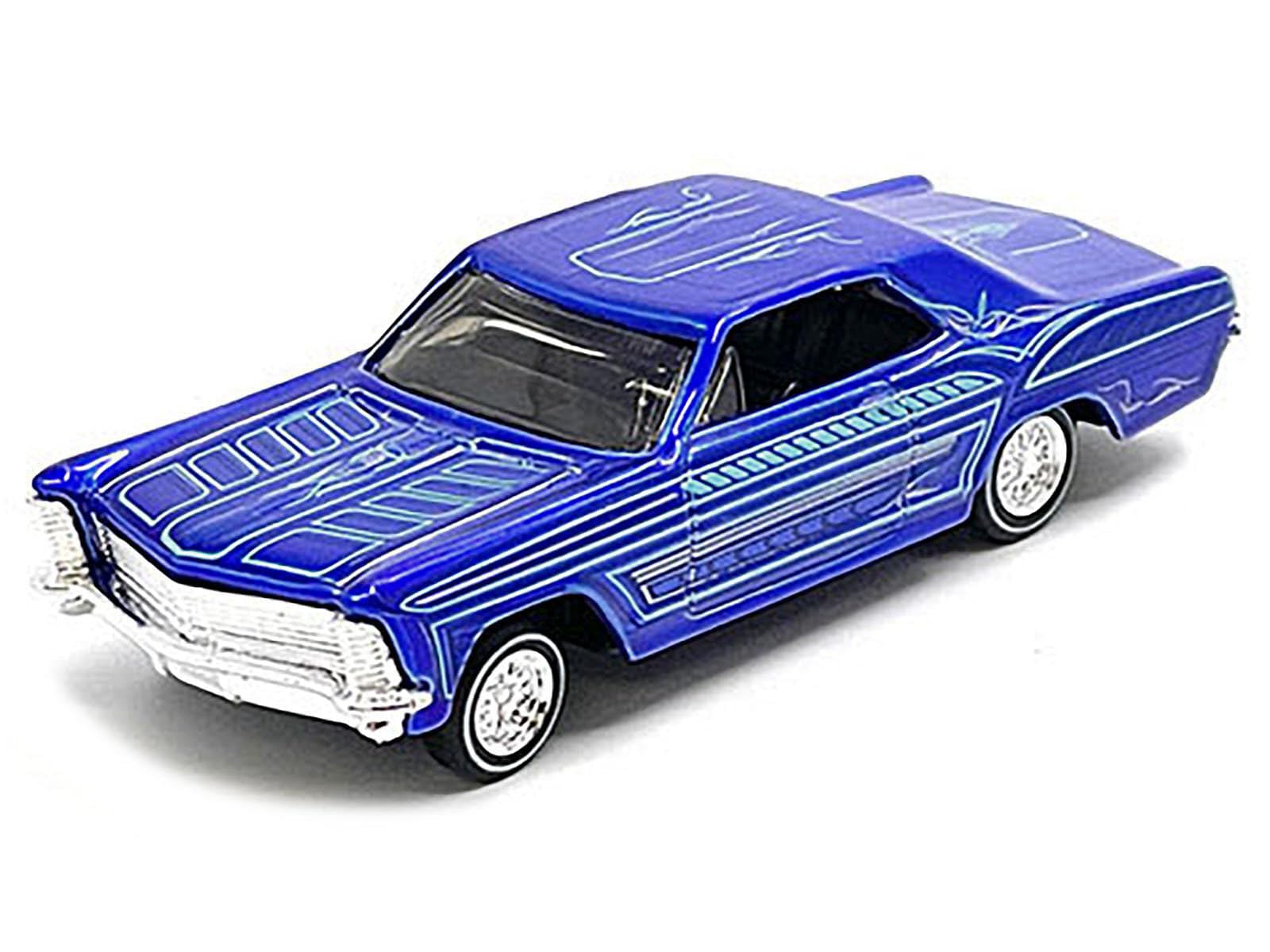 1965 Riviera Candy Blue with Graphics Lowriders Design Series 1/64 Diecast Model Car 26310