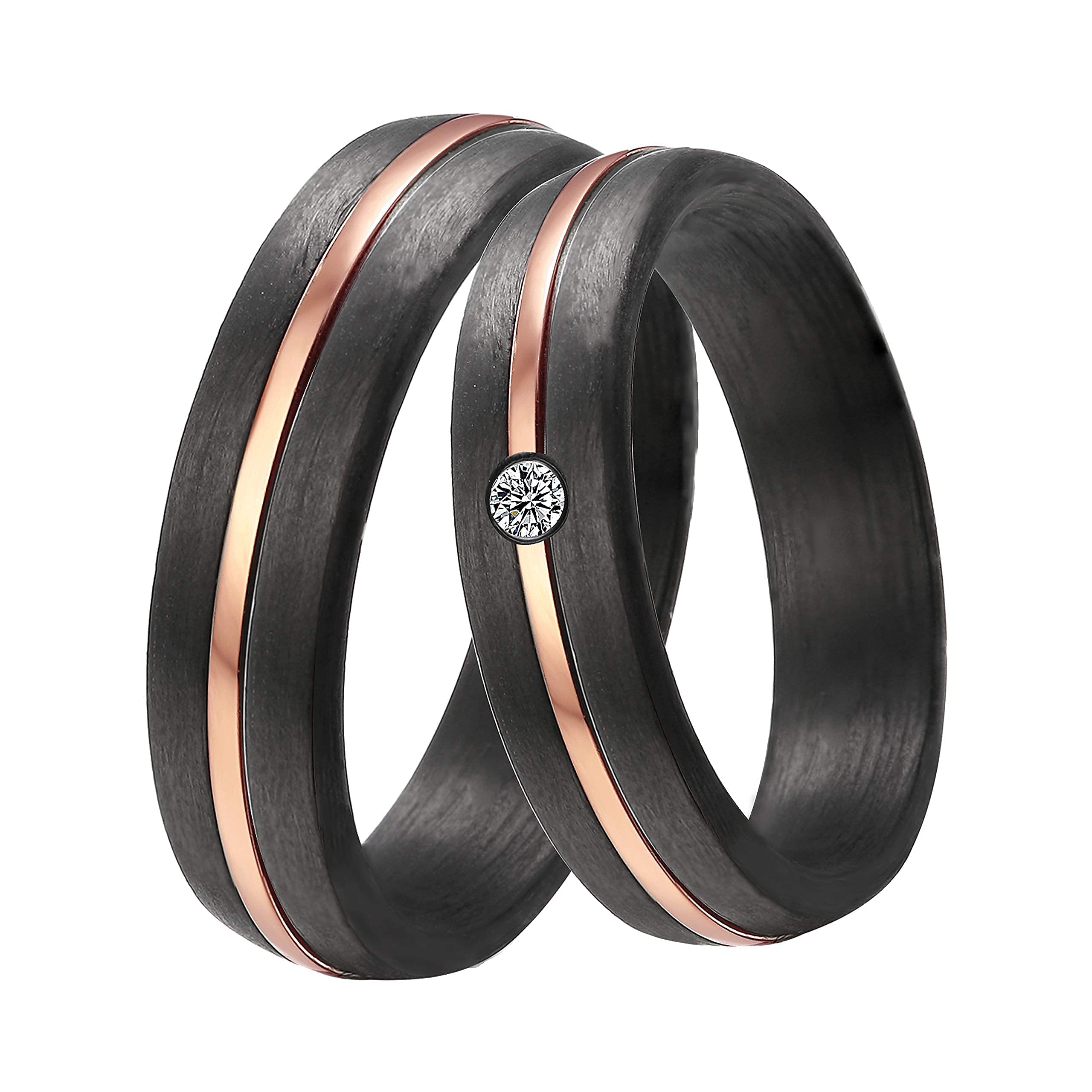 DOOSTI Damen Herren Ring Carbon Schwarz mit Edelstahl Einlage Rosegold mit Zirkonia als Partnerring Ehering Freundschaftsring