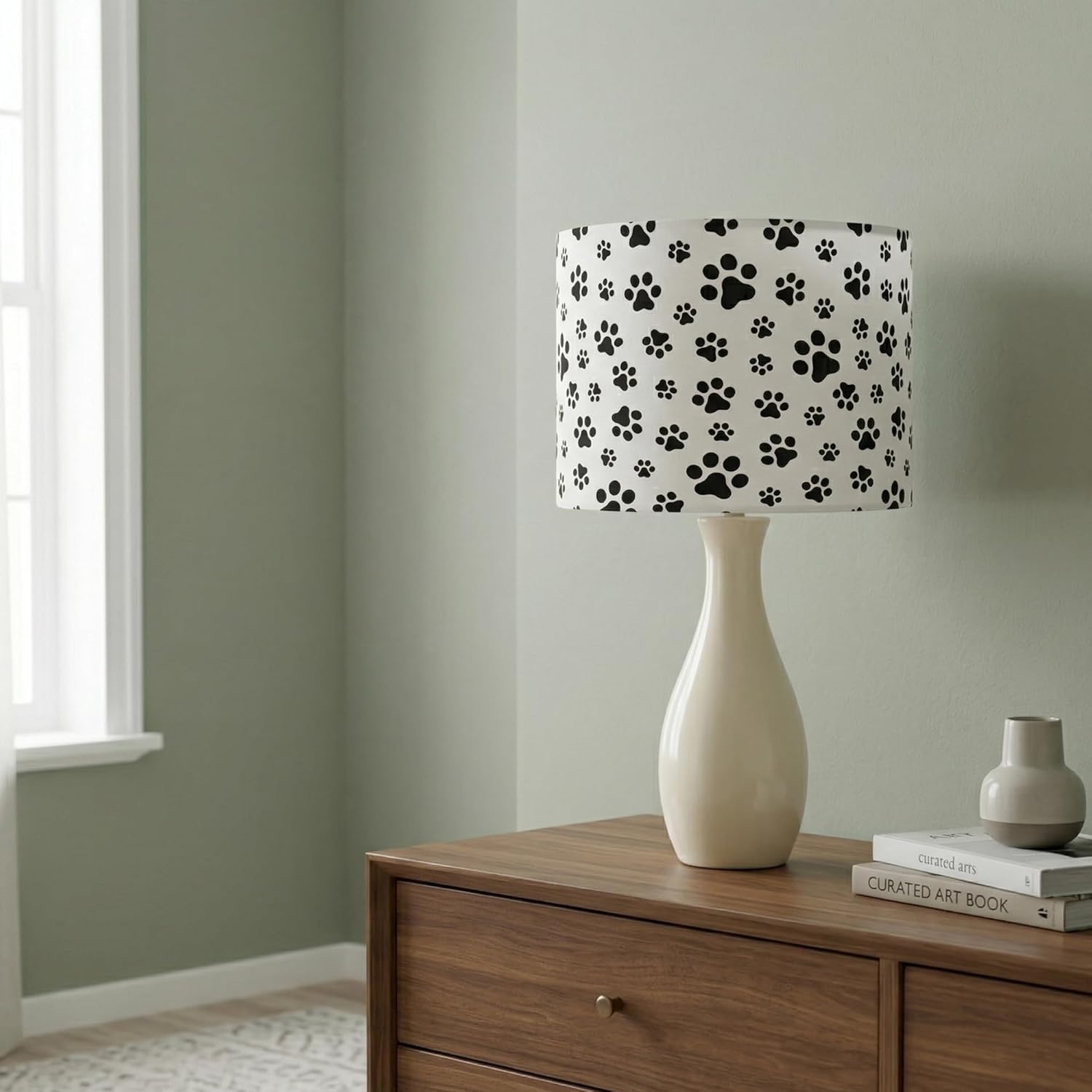 Medium Drum Lamp Shade 13x13x10 Inch (2 Pack) White Fabric with Black Dog Paw Prints, Spider Fitter Rustproof Iron Frame lampshade for Table & Floor Lamps, Easy Install Cute Farmhouse Modern Decor​