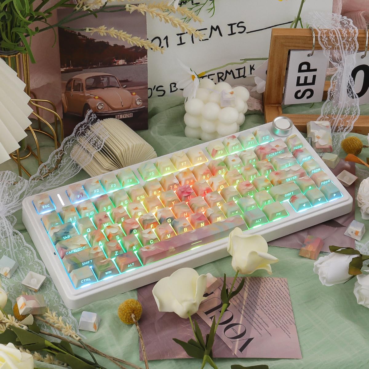 JOMKIZ Garden Oil Painting PBT Keycap Set - Side Printed Shine Through, 133 Keys Cherry Profile Keycaps, Dye-Sublimation Keycaps for 60%, 65%, 75%, 100% Cherry MX Mechanical Keyboard