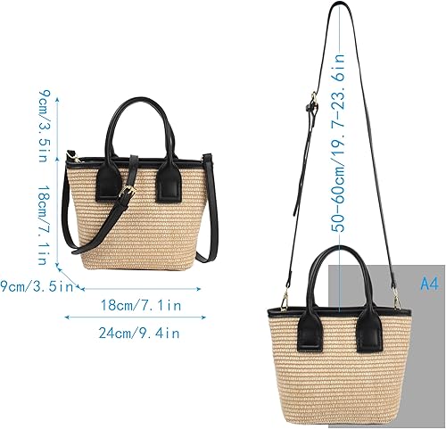 Miniatura 6 de Bolso cruzado tejido de paja pequeña para mujer, bolso con asa superior, bolsa de cubo con cremallera