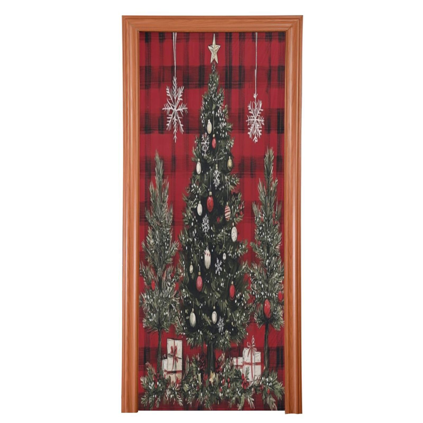 J JOYSAY Christmas Trees Red Plaid Door Decorations Door Cover Xmas Decoration Christmas Front Door Decorations for Christmas Decorations,32x79 in