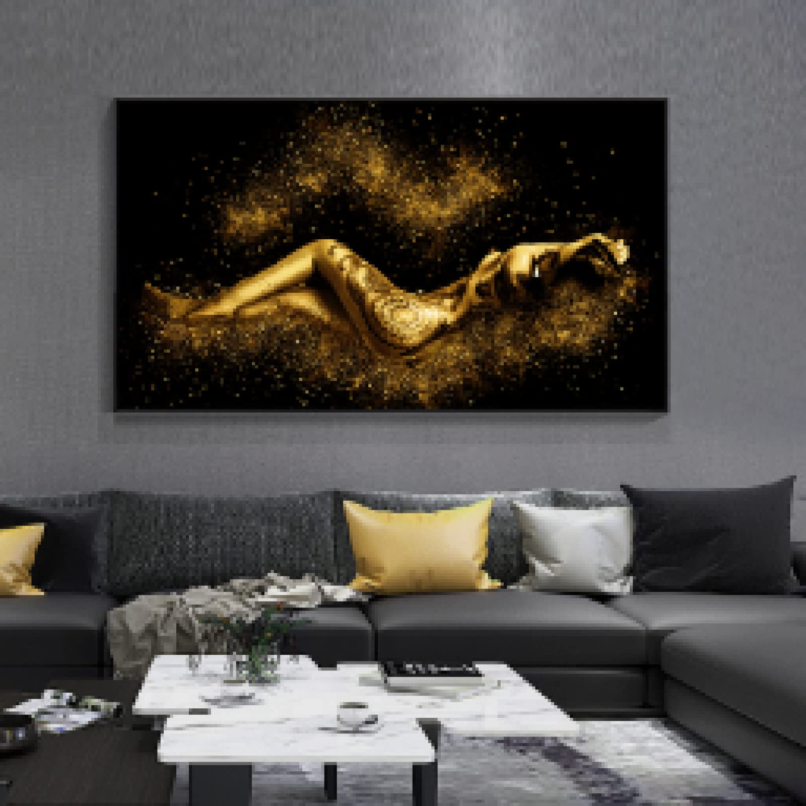 Yooyu Figura de cuerpo de mujer abstracta negra y dorada Pintura al óleo sobre lienzo Carteles e impresiones Imagen de arte de pared para sala de estar 50x100cm (20x39in) con marco